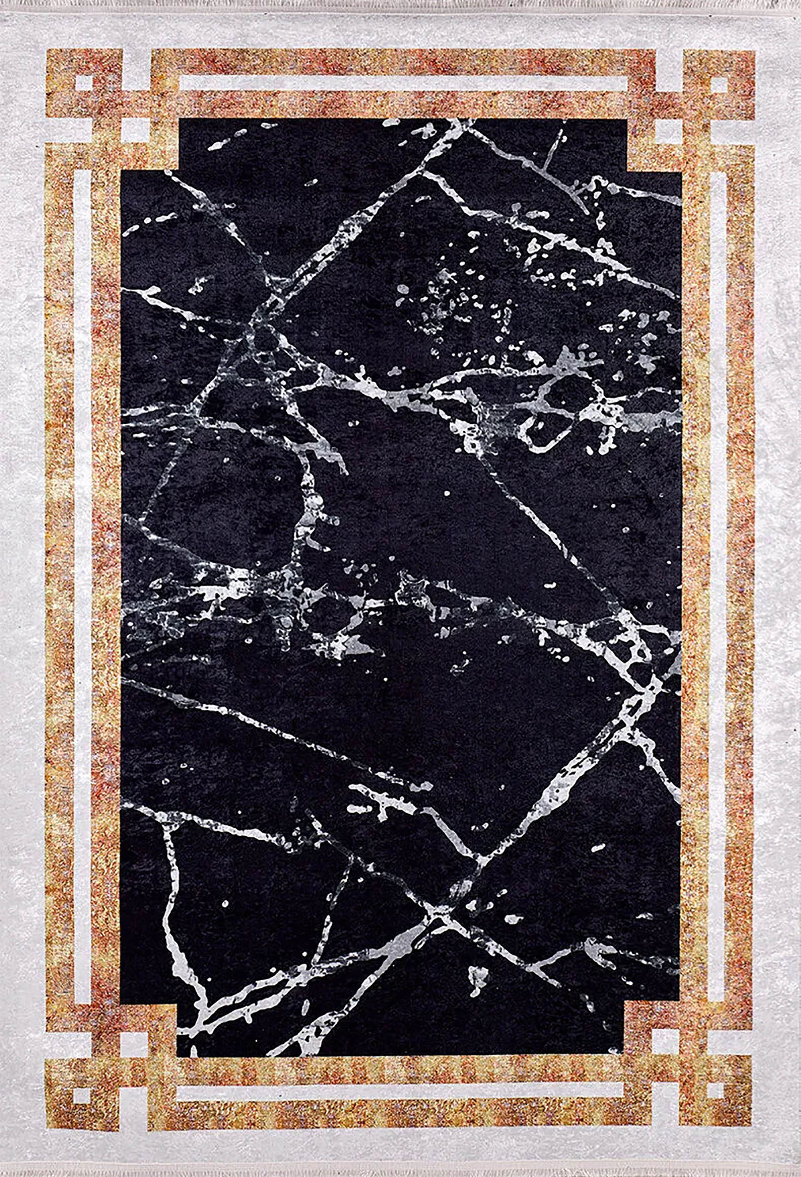 Gamze Marble Style Black White Bordered Geometric Rug