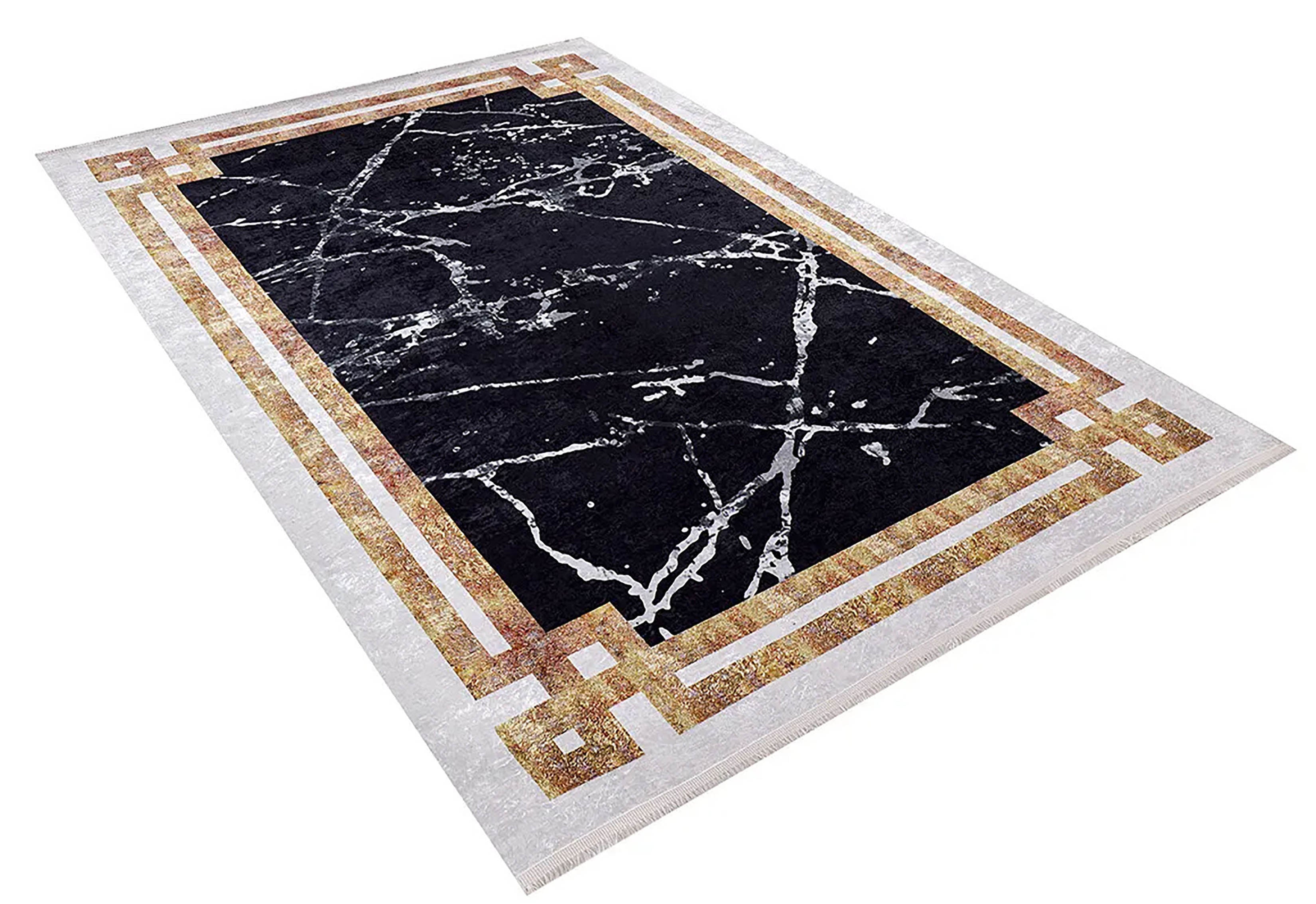 Gamze Marble Style Black White Bordered Geometric Rug