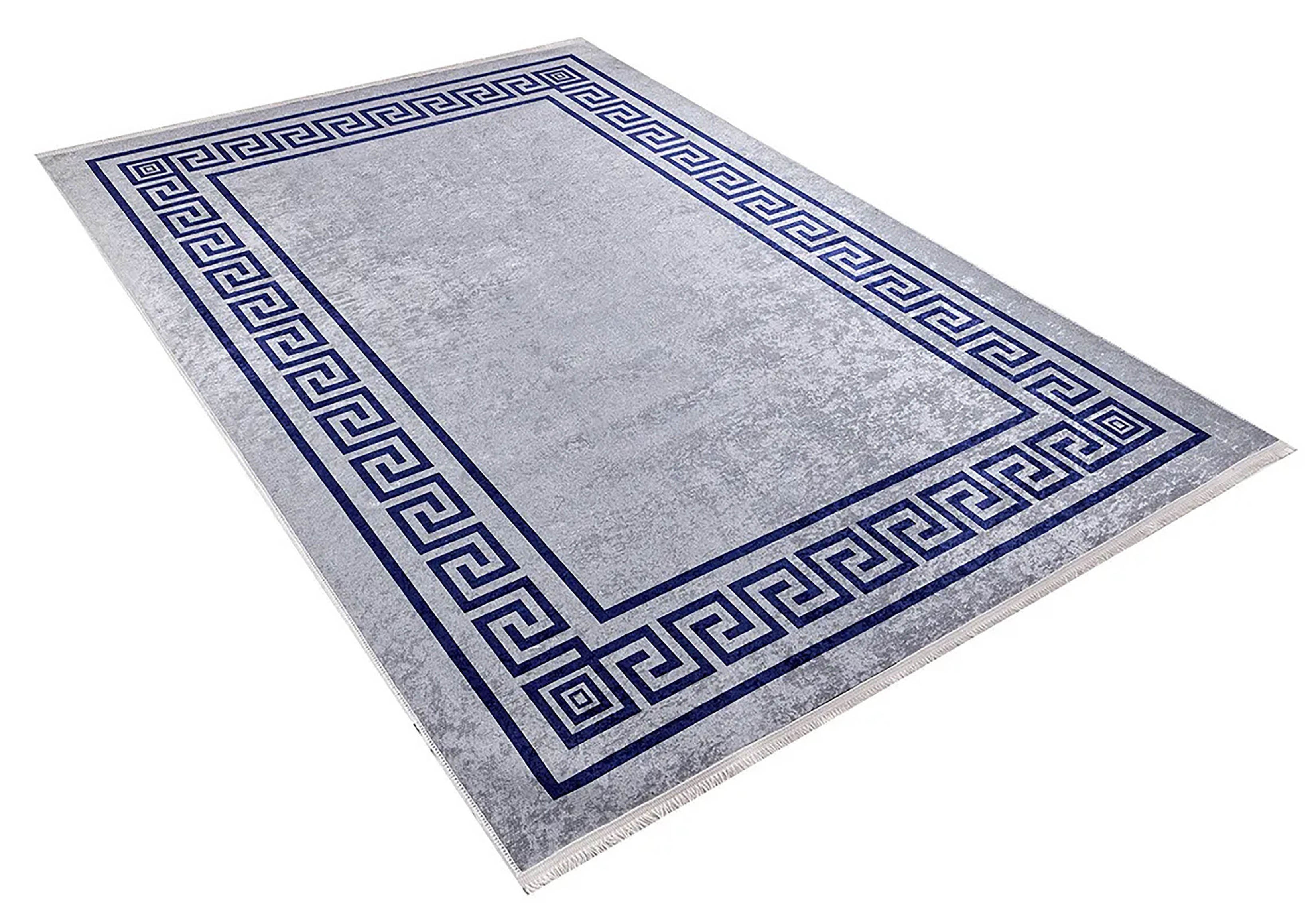 Remi Marble Blue Grey Greek Key Border Rug