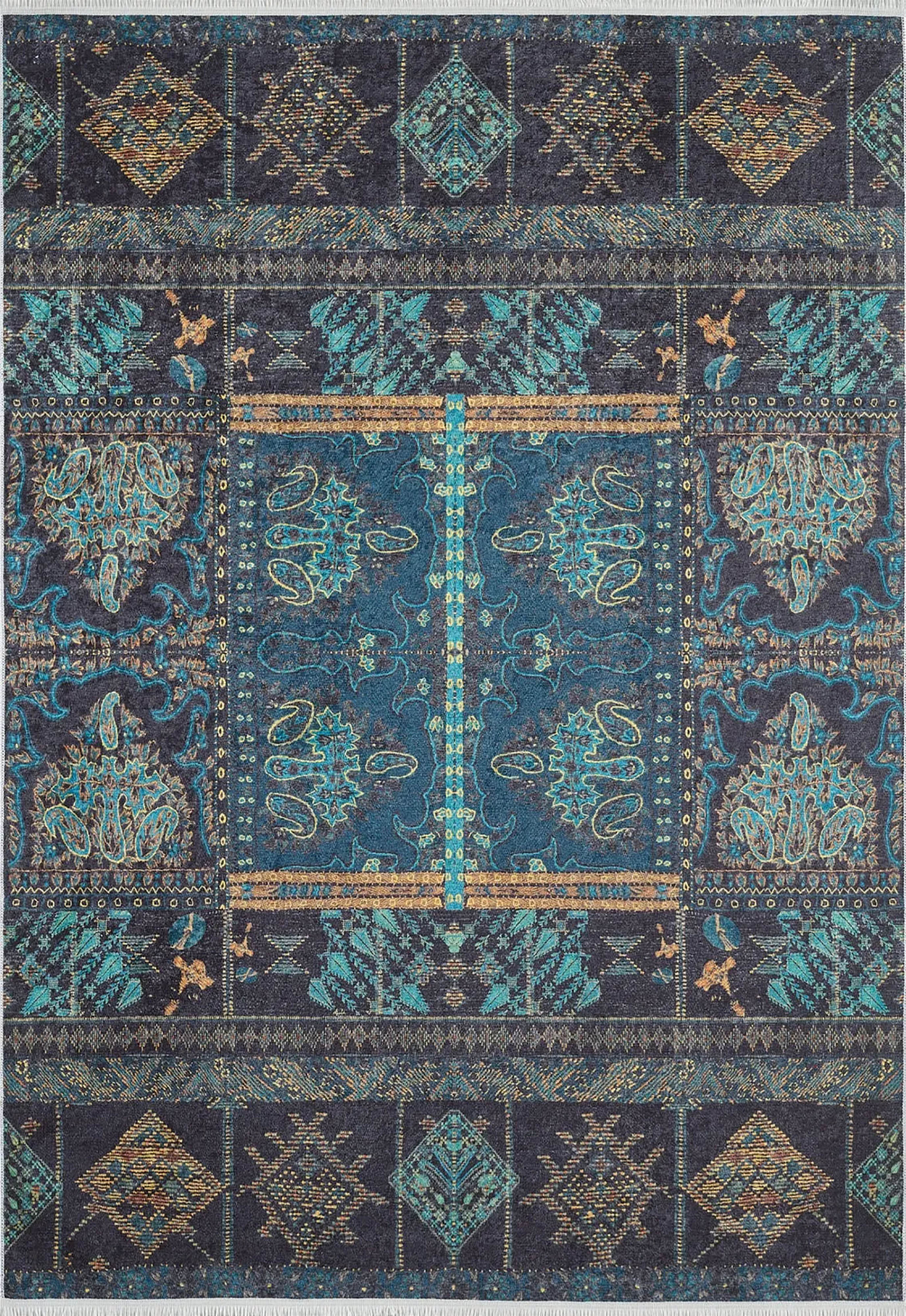 Canan Unique Teal Blue Turkish Tribal Rug