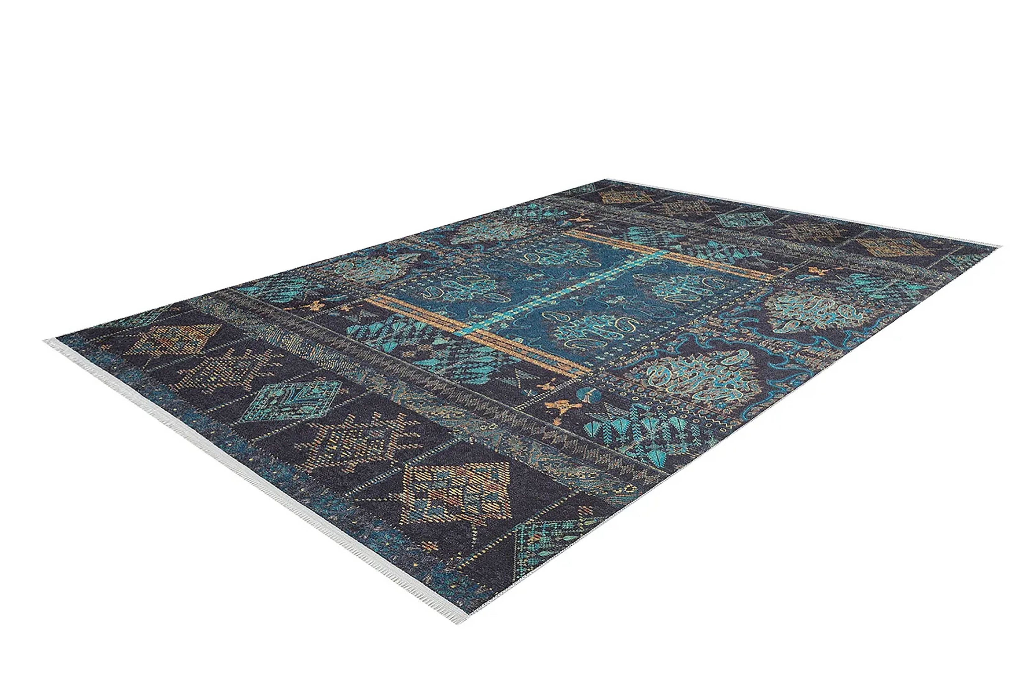 Canan Unique Teal Blue Turkish Tribal Rug