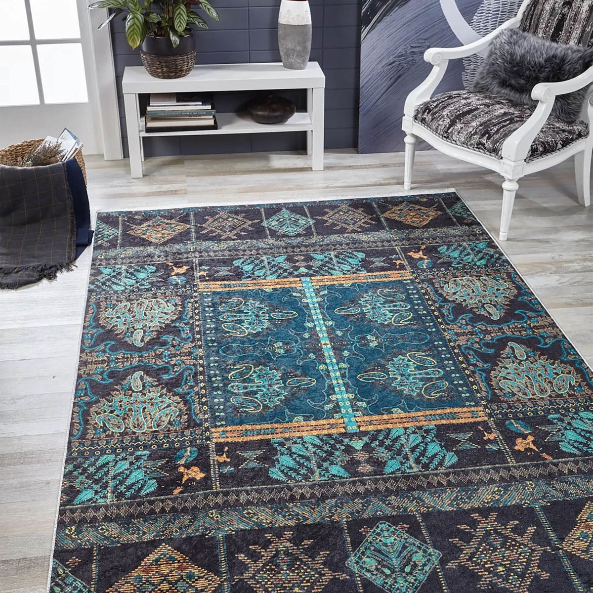 Canan Unique Teal Blue Turkish Tribal Rug – fame