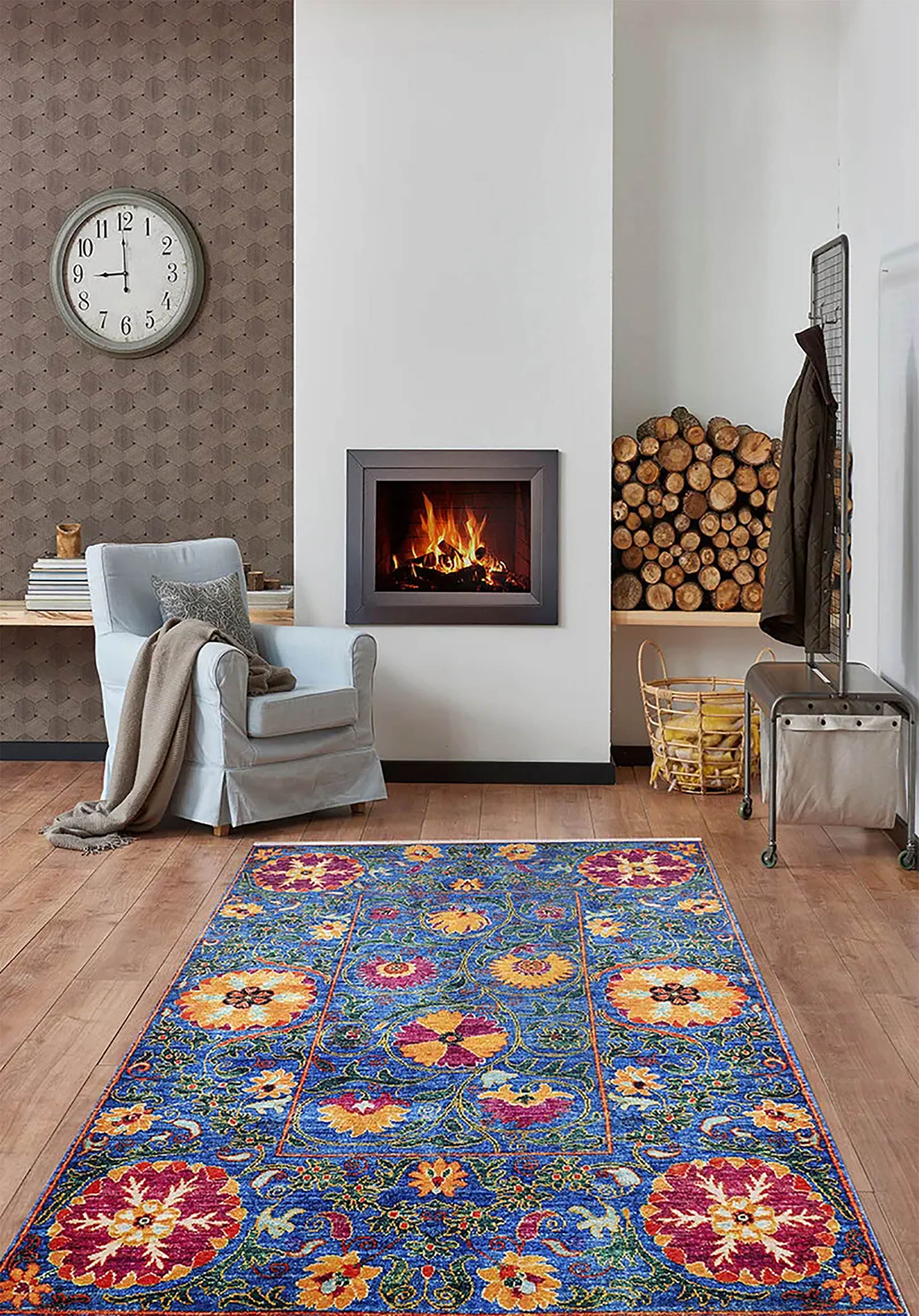 Alaiya Turkish Blue Rose Decorative Floral Rug