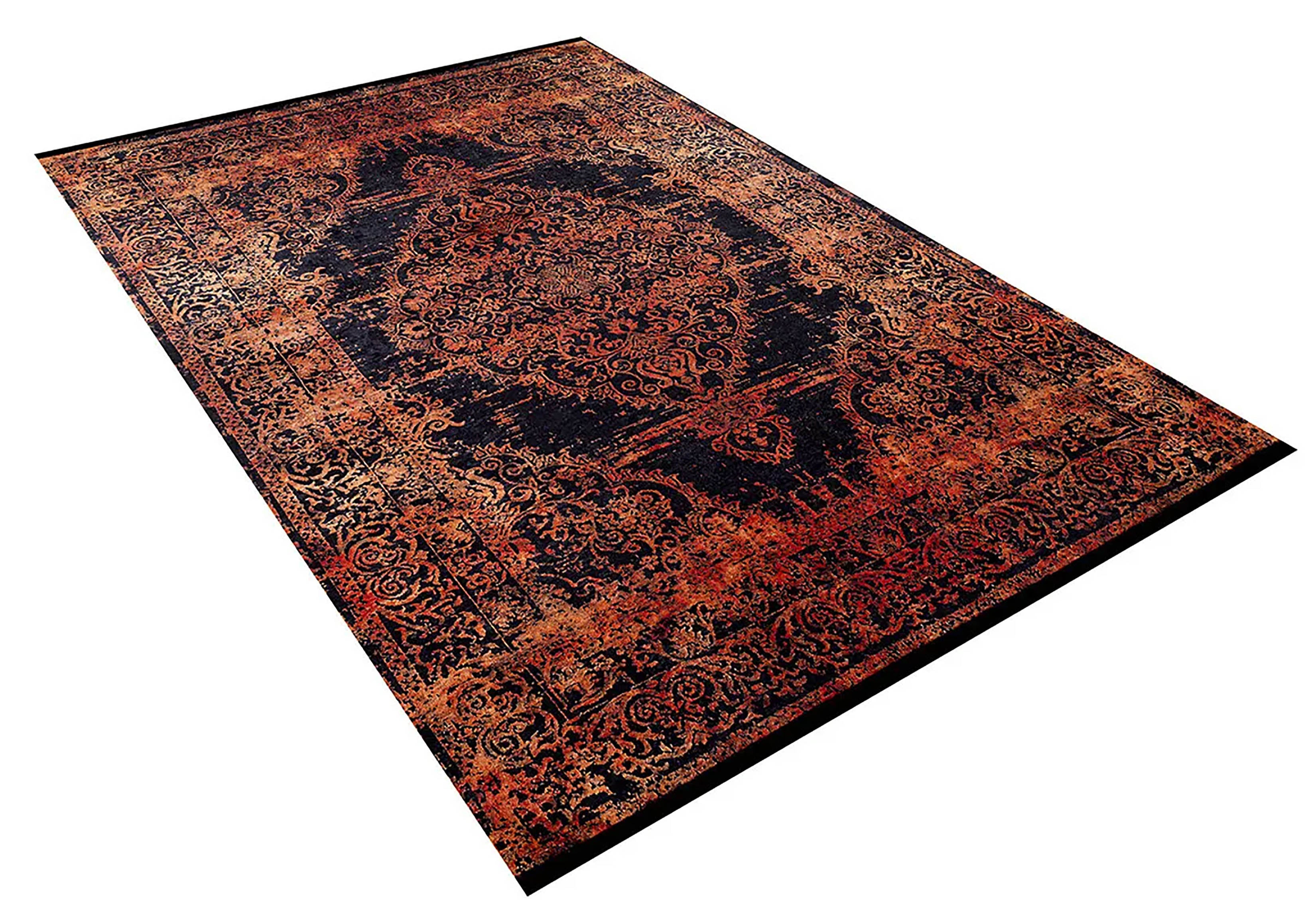 Saanvi Distressed Turkish Orange Black Medallion Rug