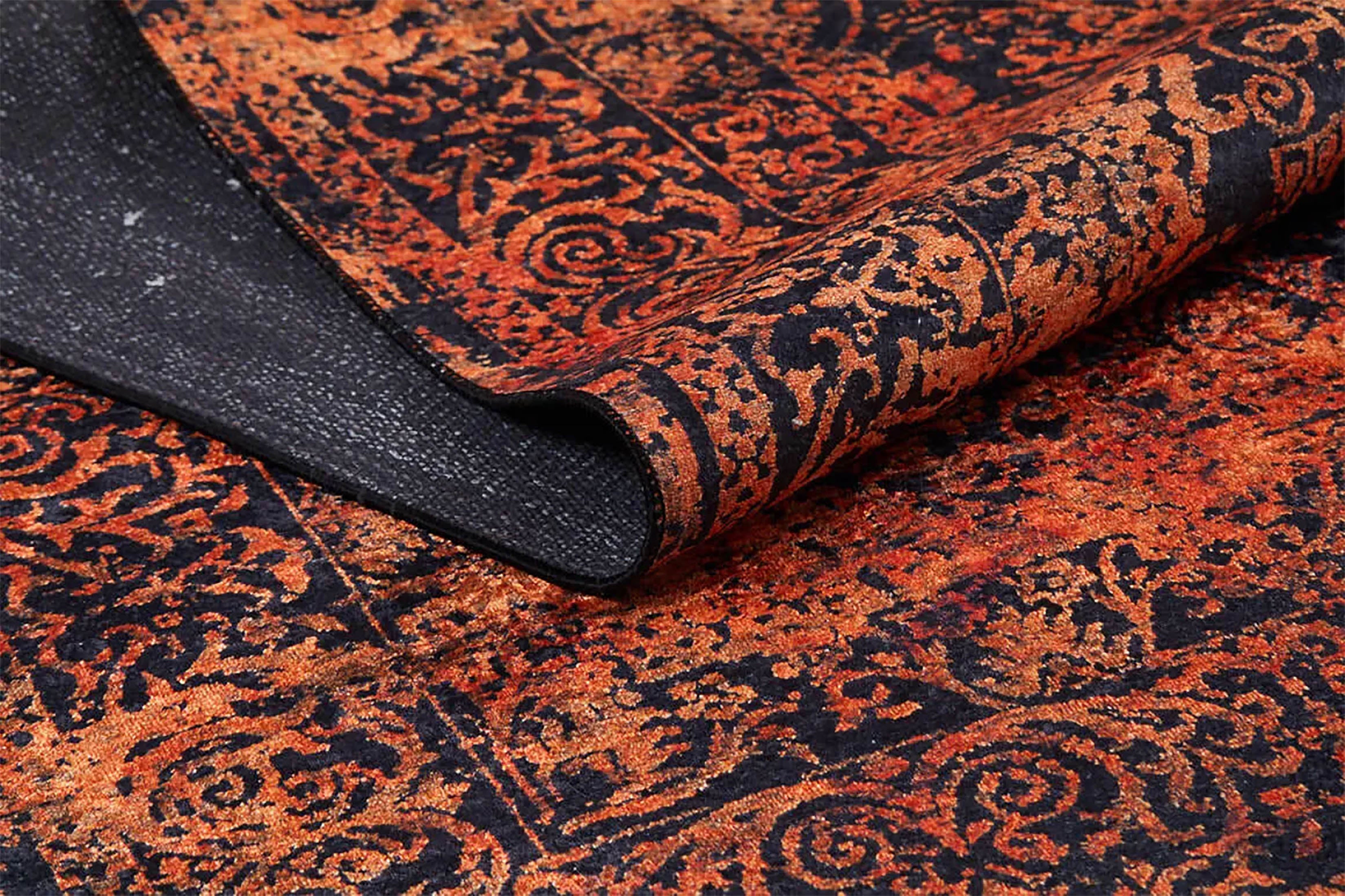 Saanvi Distressed Turkish Orange Black Medallion Rug