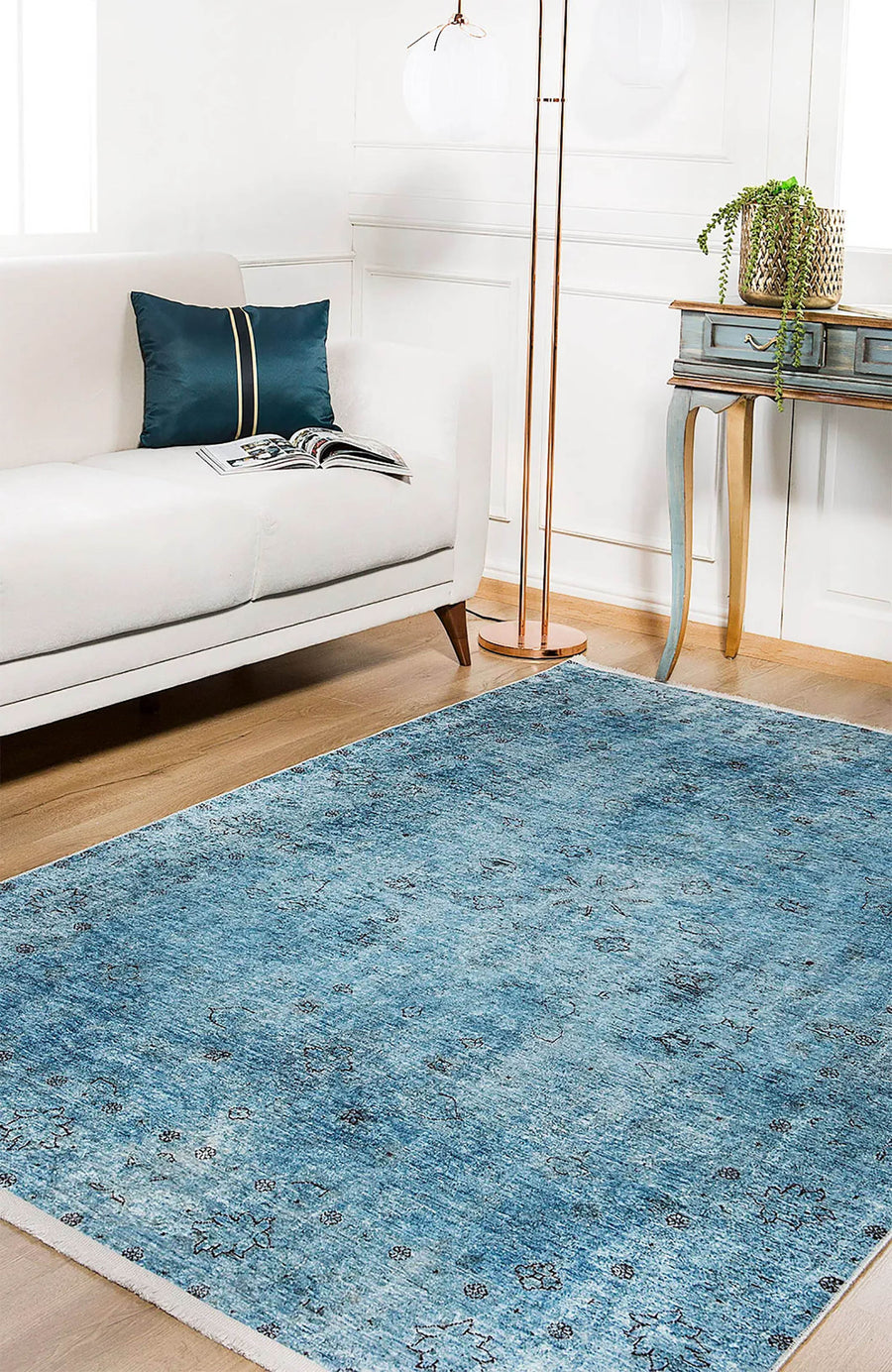 Malayah Turkish Light Blue Oushak Floral Area Rug