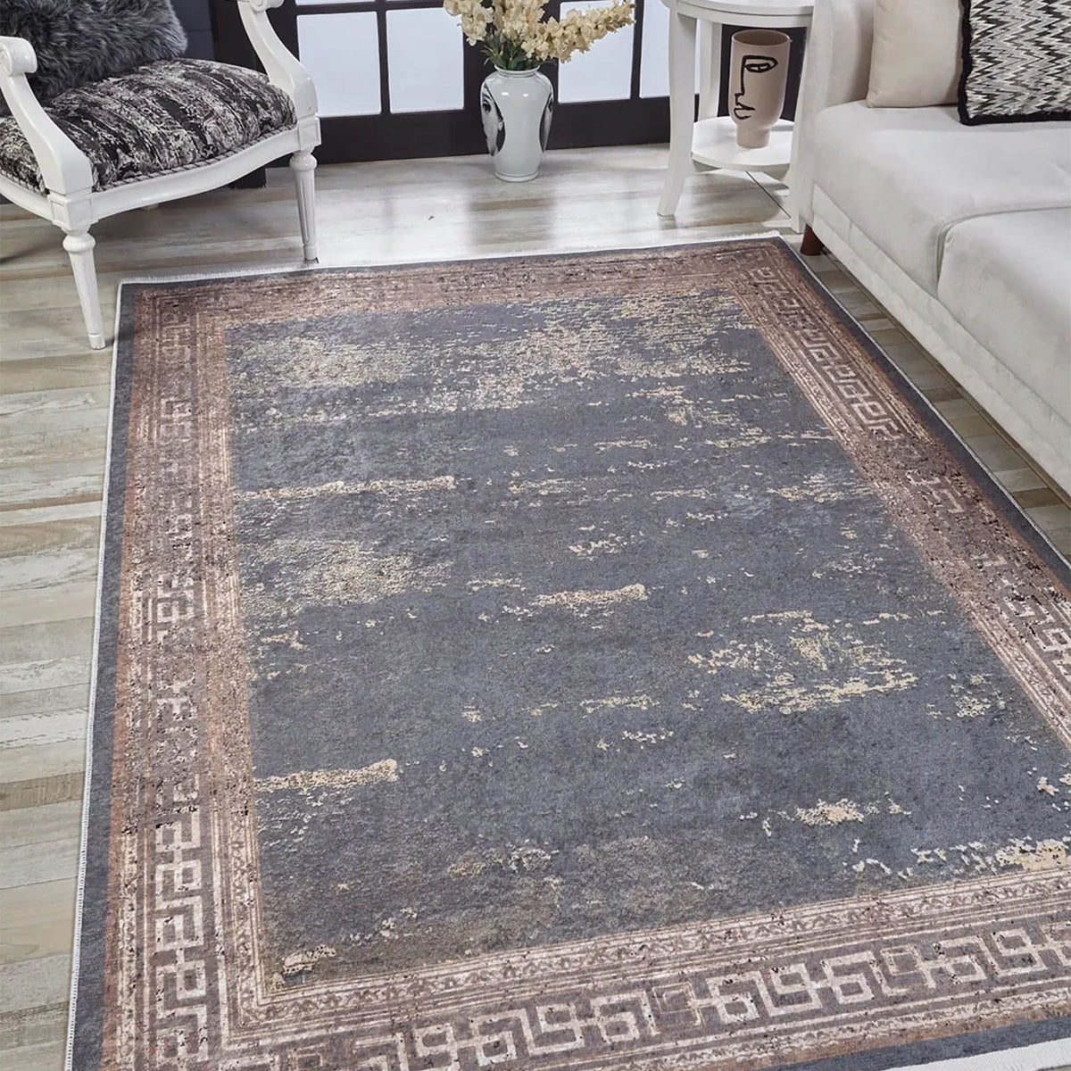 Ezra Marble Brown Grey Greek Key Border Rug – fame