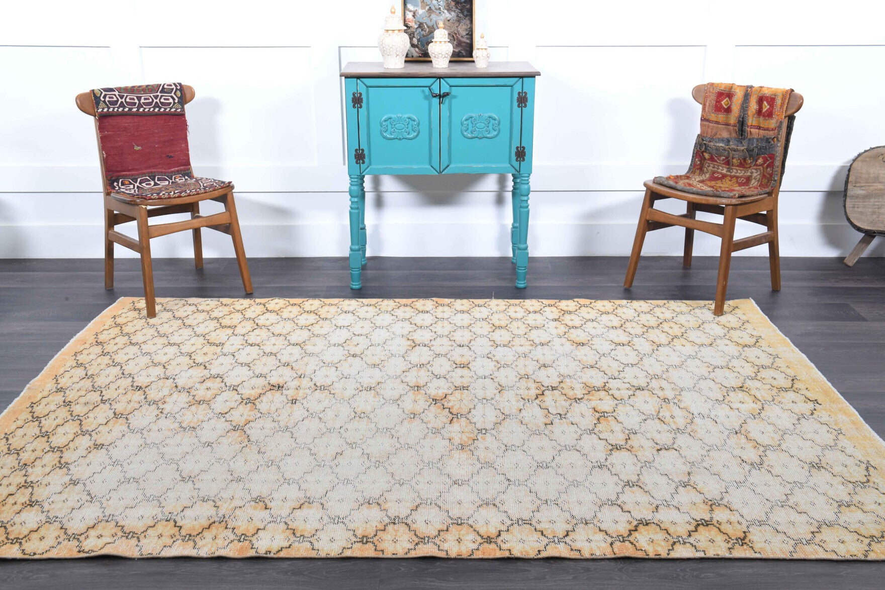 Husndeniz rug: 1970s handmade Anatolian rug with ikat motifs and cotton backing