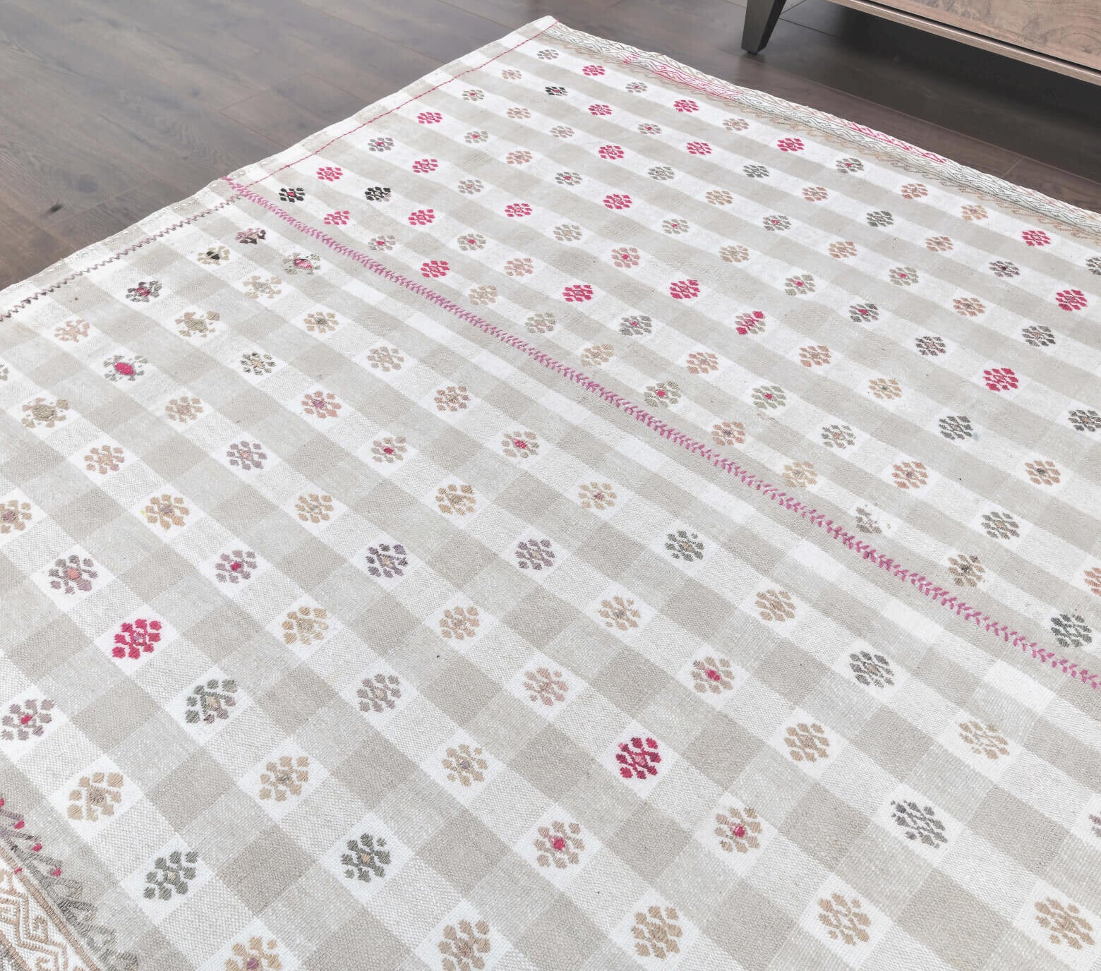 Elakusa rug: 1970s handmade Anatolian rug with ikat motifs and cotton backing