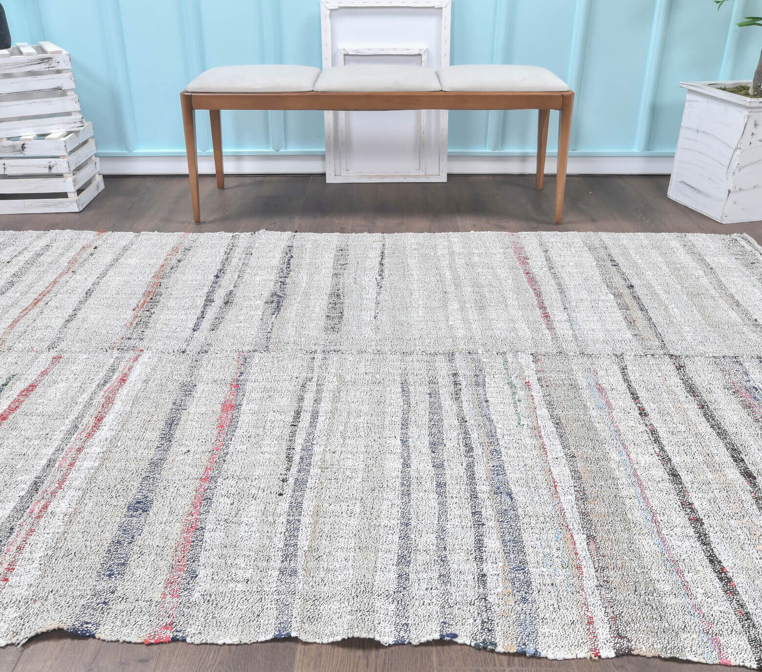 Authentic Anatolian vintage kilim rug (1970s) with striped design – one-of-a-kind at Fame Rugs