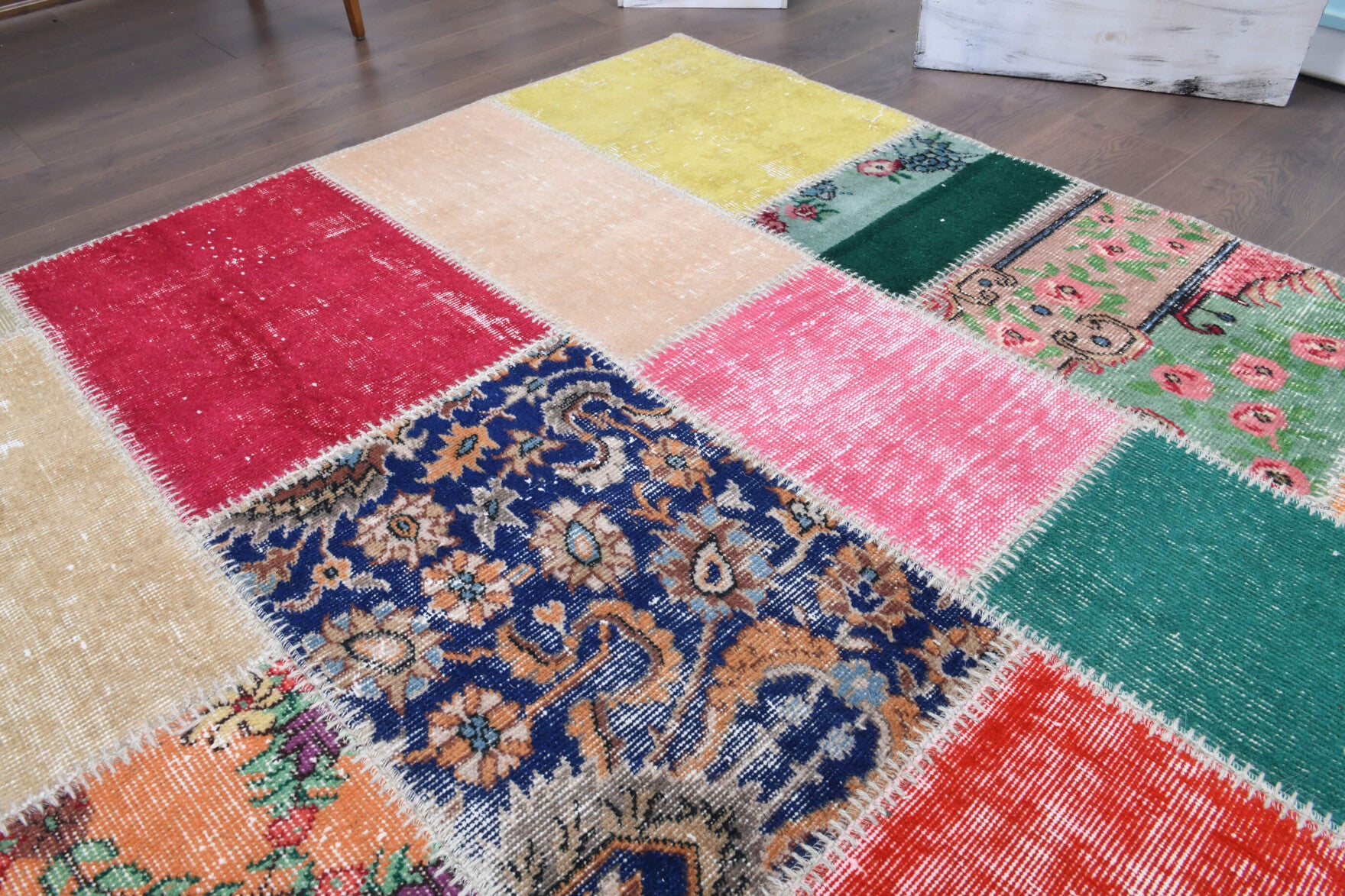 Ardicban rug: 1970s handmade Anatolian rug with tribal motifs and fabric backing