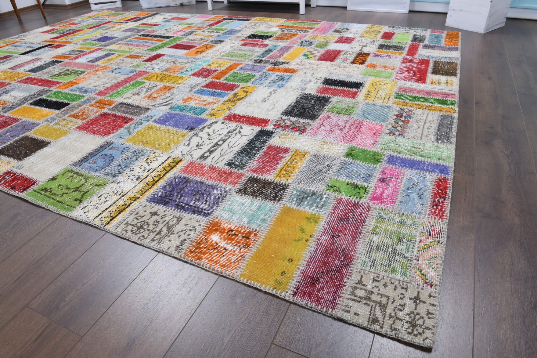 Authentic Anatolian vintage patchwork area rug (1970s) with tribal design – one-of-a-kind at Fame Rugs
