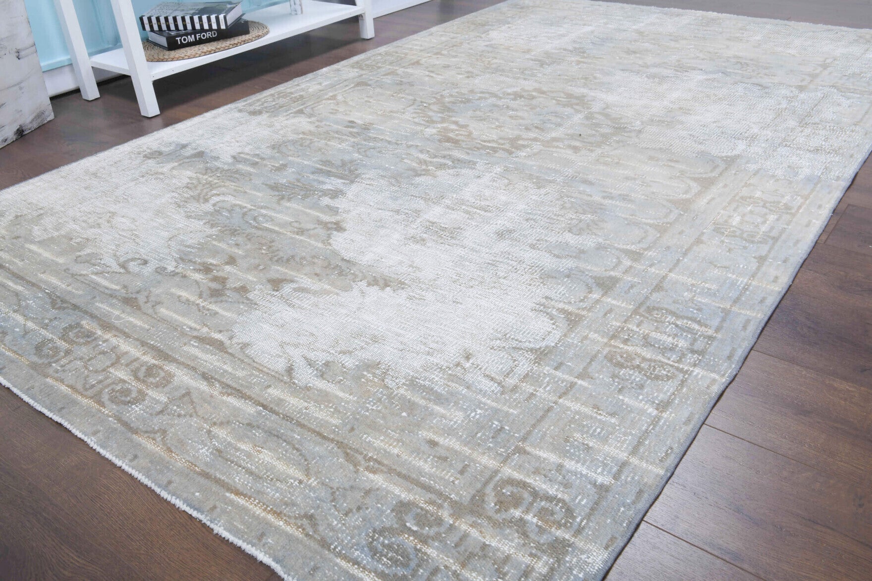 One-of-a-kind 1950s Anatolian antique washed vintage area rug in wool, 5'3" x 8'10"