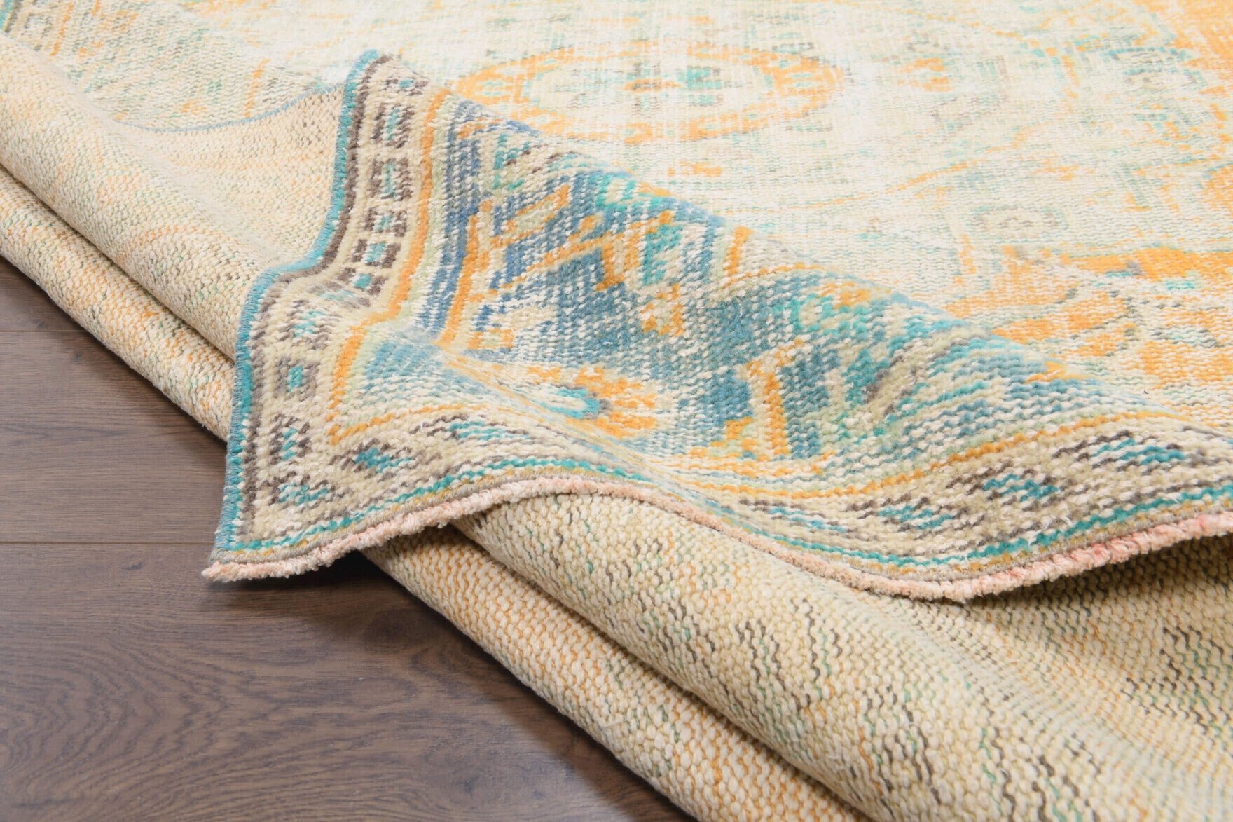 Authentic Anatolian antique washed vintage area rug (1960s) with oriental design – one-of-a-kind at Fame Rugs