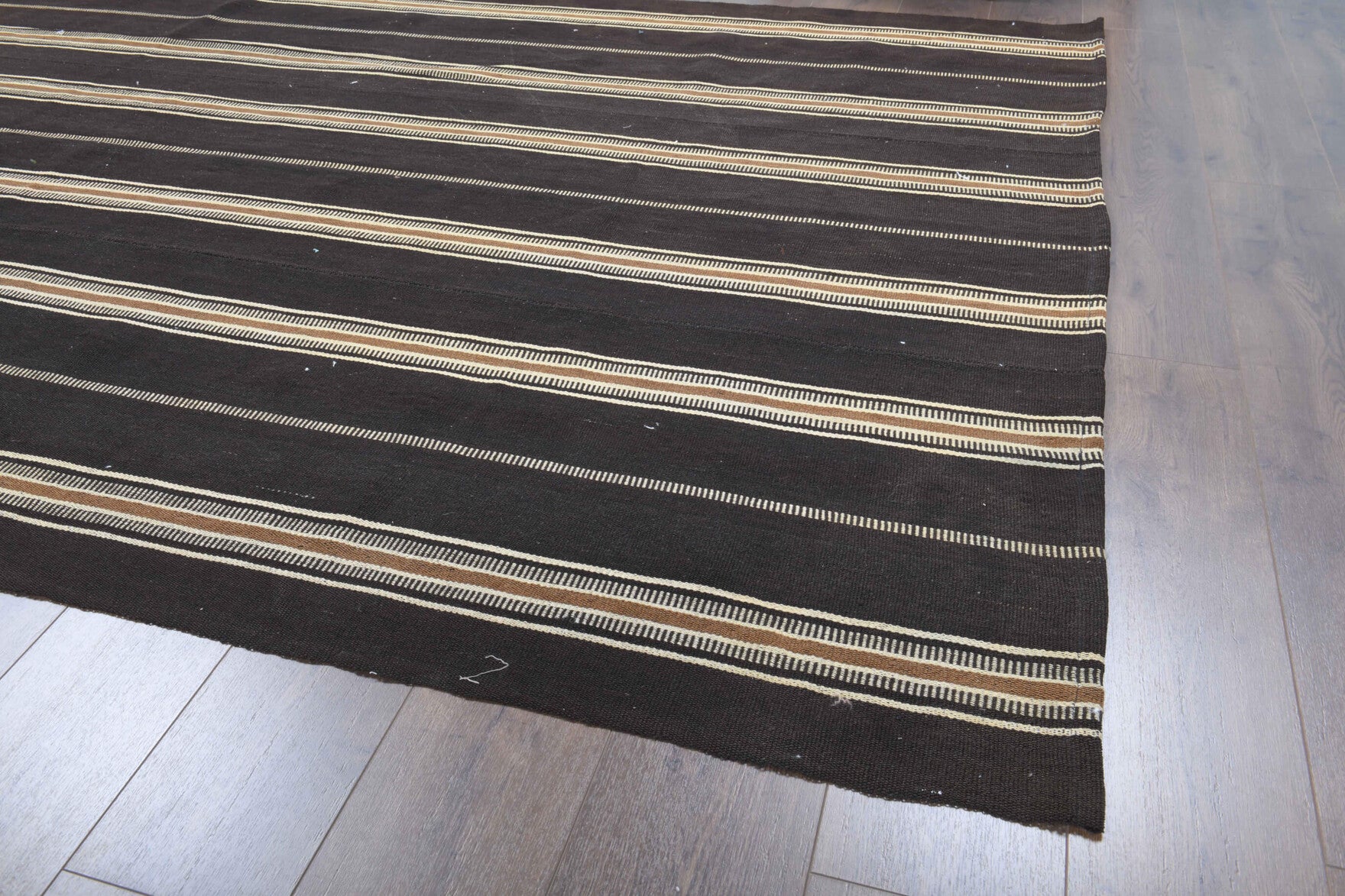 Sevginil kilim: 1960s handwoven flatweave Anatolian kilim with striped motifs