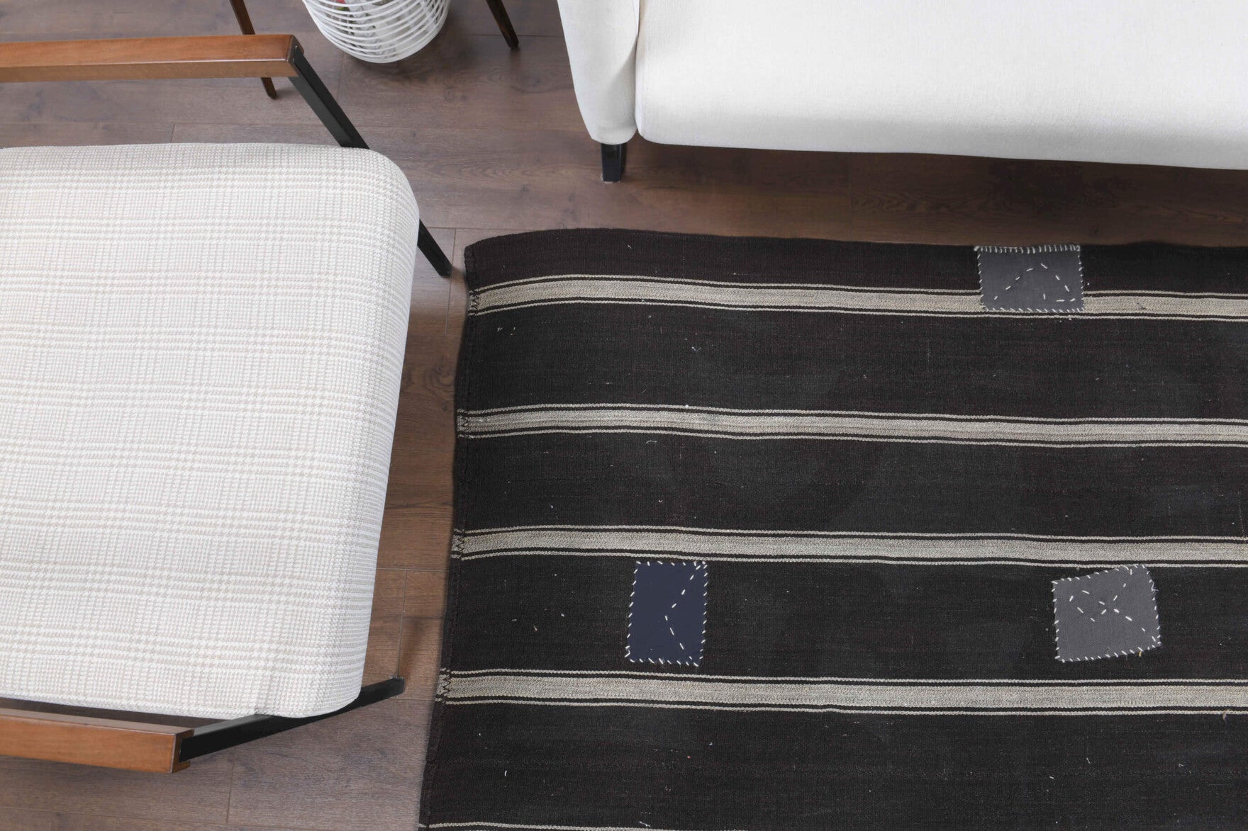 Selonia kilim: 1960s handwoven flatweave Anatolian kilim with striped motifs