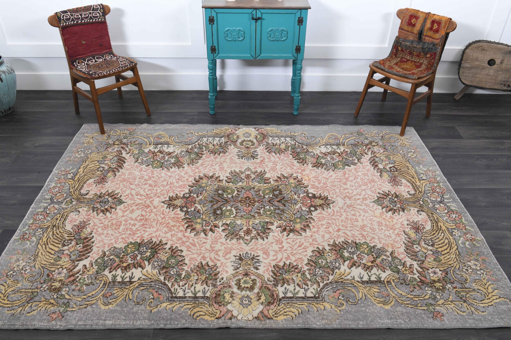 Eleuthecharis rug: 1970s handmade Anatolian rug with oriental motifs and cotton backing