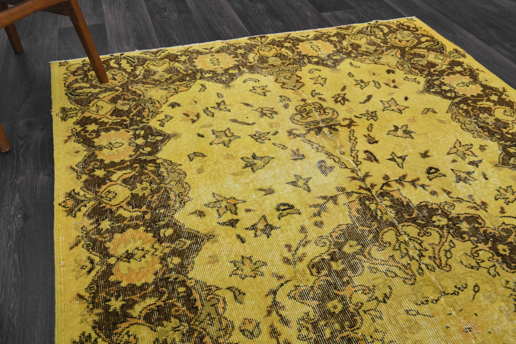 Handmade wool rug from Anatolia, Turkey – Vintage Anatolian Yellow Oriental Area Rug 5'5" x 9'