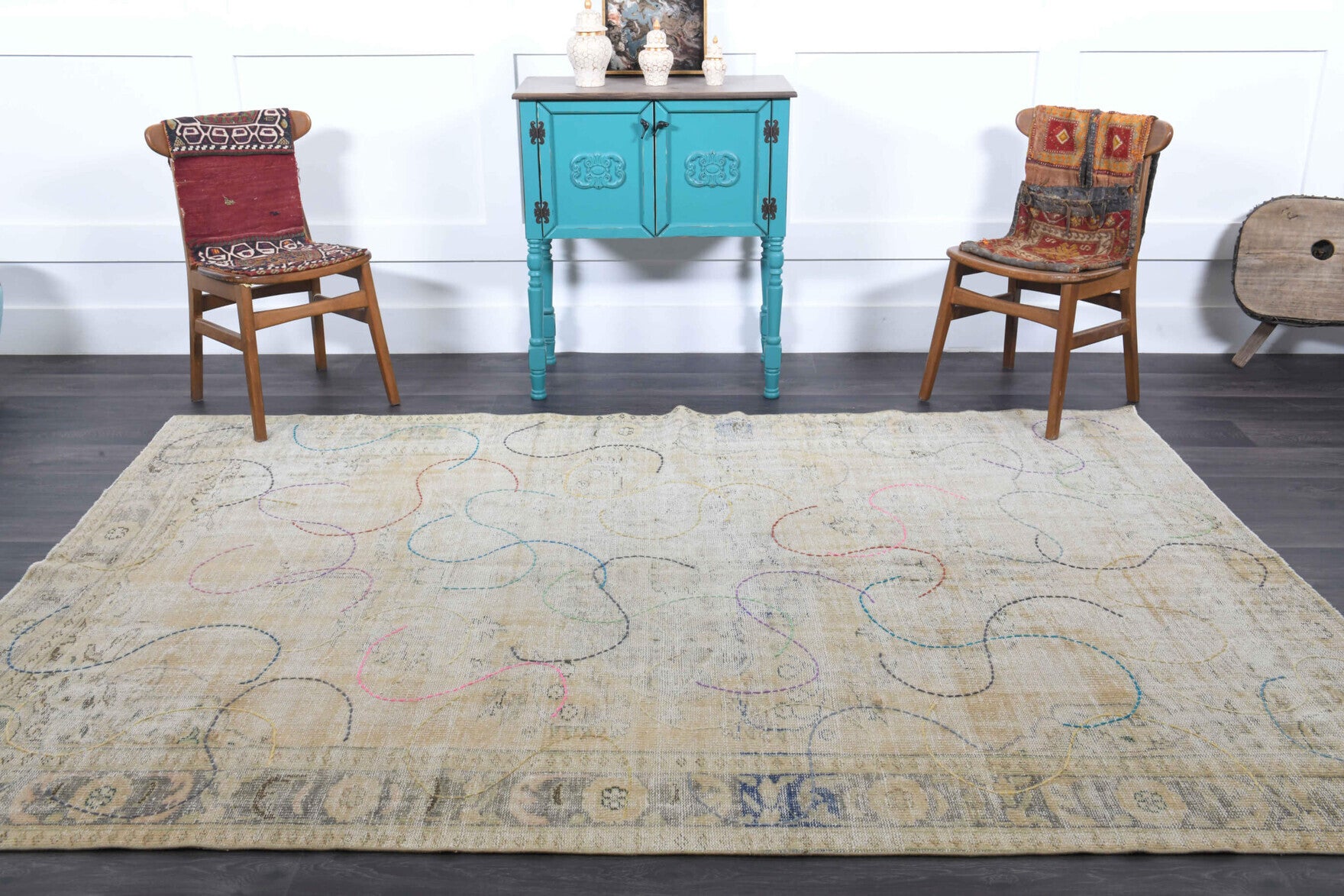 One-of-a-kind 1930s Anatolian antique washed vintage area rug in wool, 6'3" x 9'4"