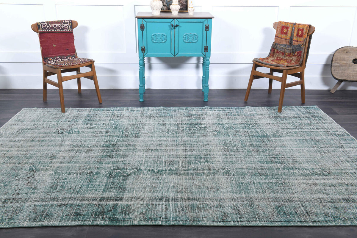 Distressed Vintage Green Oushak Rug
