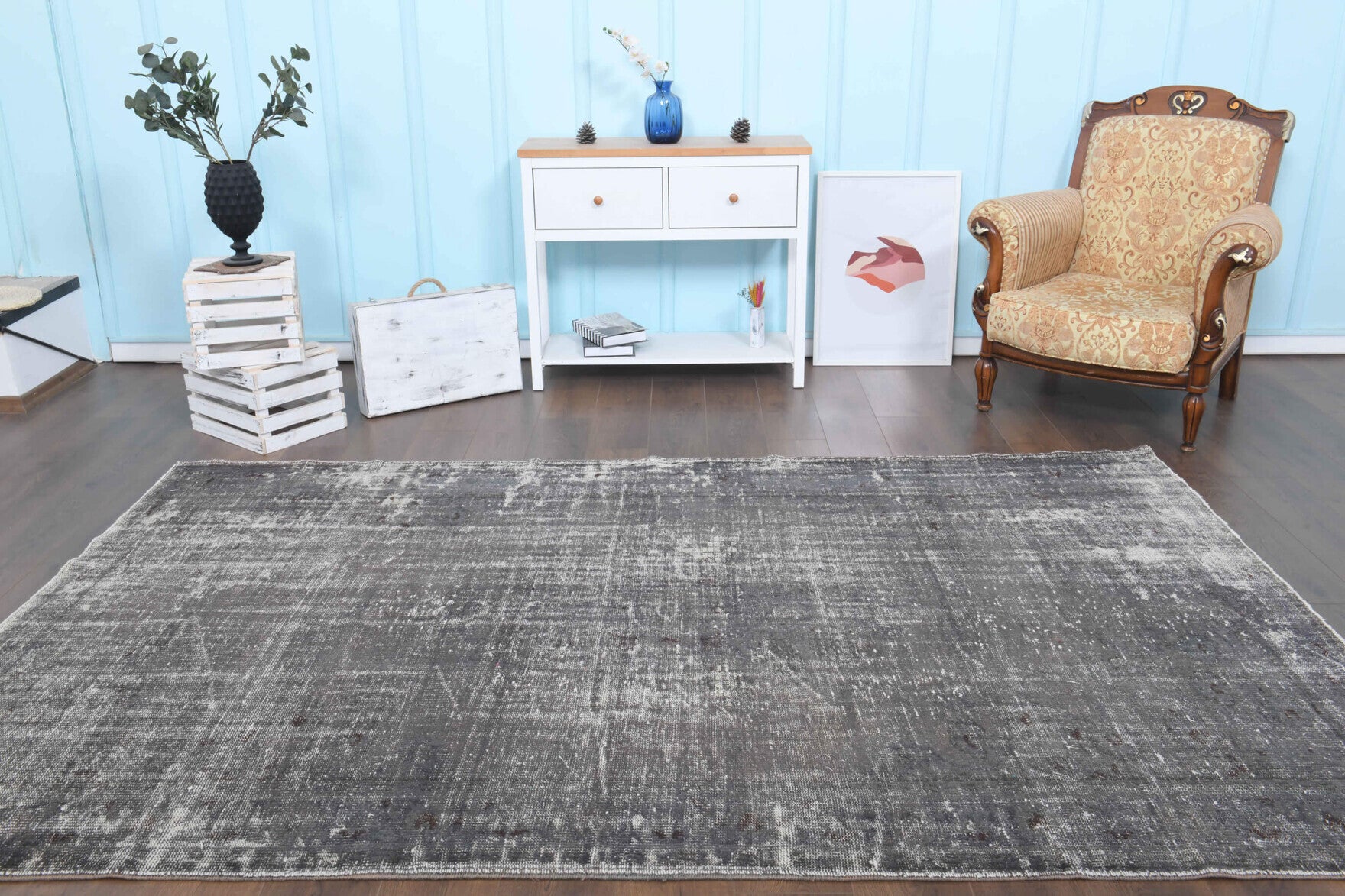 Solid Gray Vintage Area Anatolian Rug