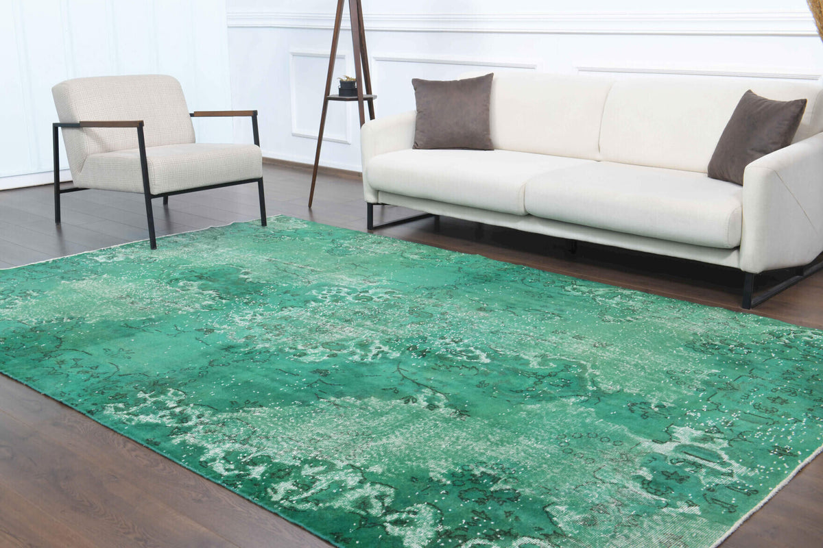 Overdyed Distressed Green Vintage Oushak Rug