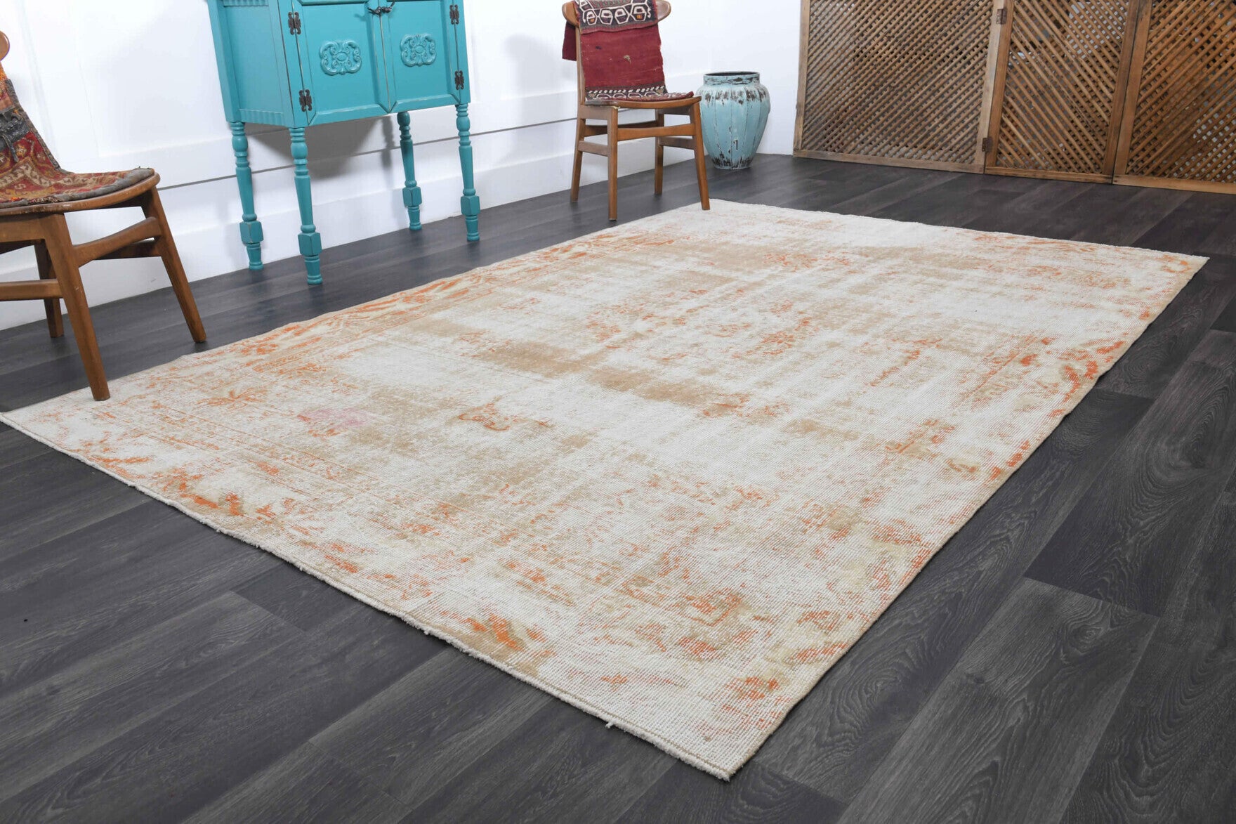 One-of-a-kind 1950s Anatolian distressed vintage area rug in wool, 6'6" x 9'8"