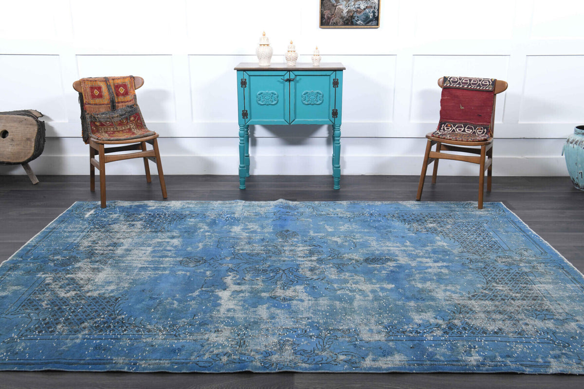Vintage Distressed Oushak Blue Area Rug