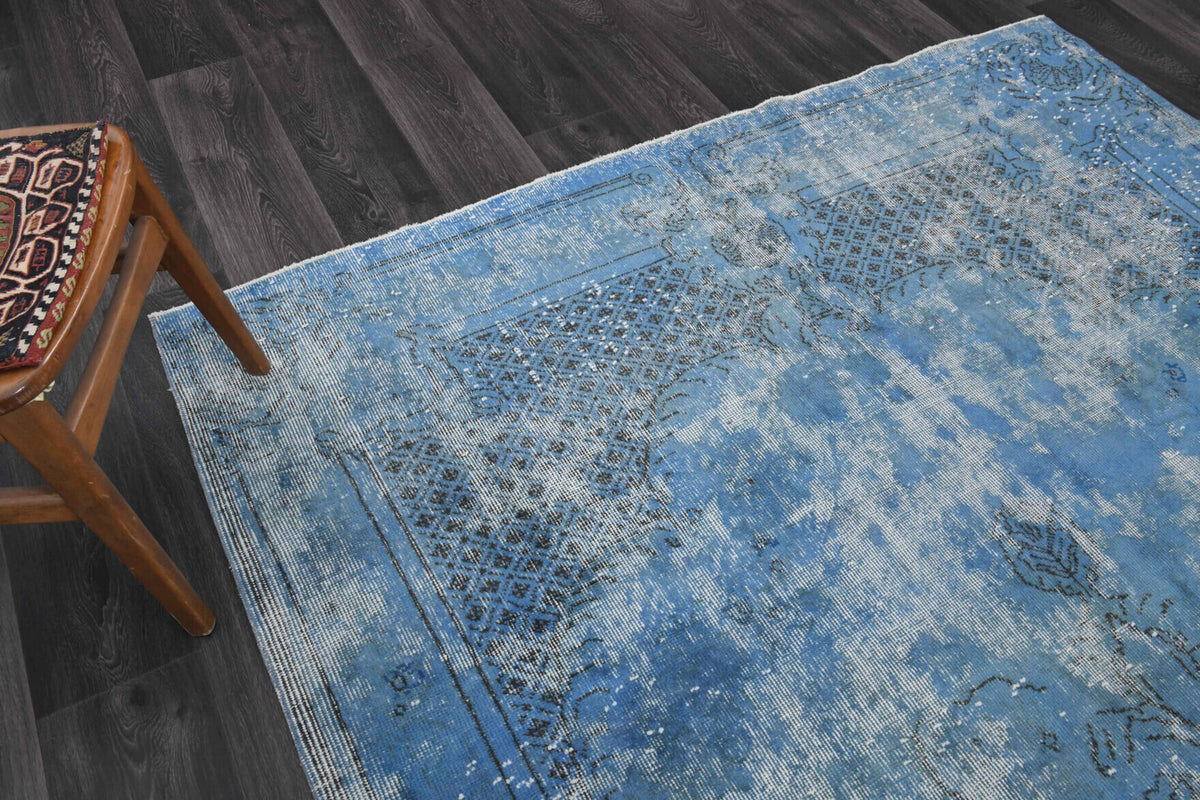 Vintage Distressed Oushak Blue Area Rug