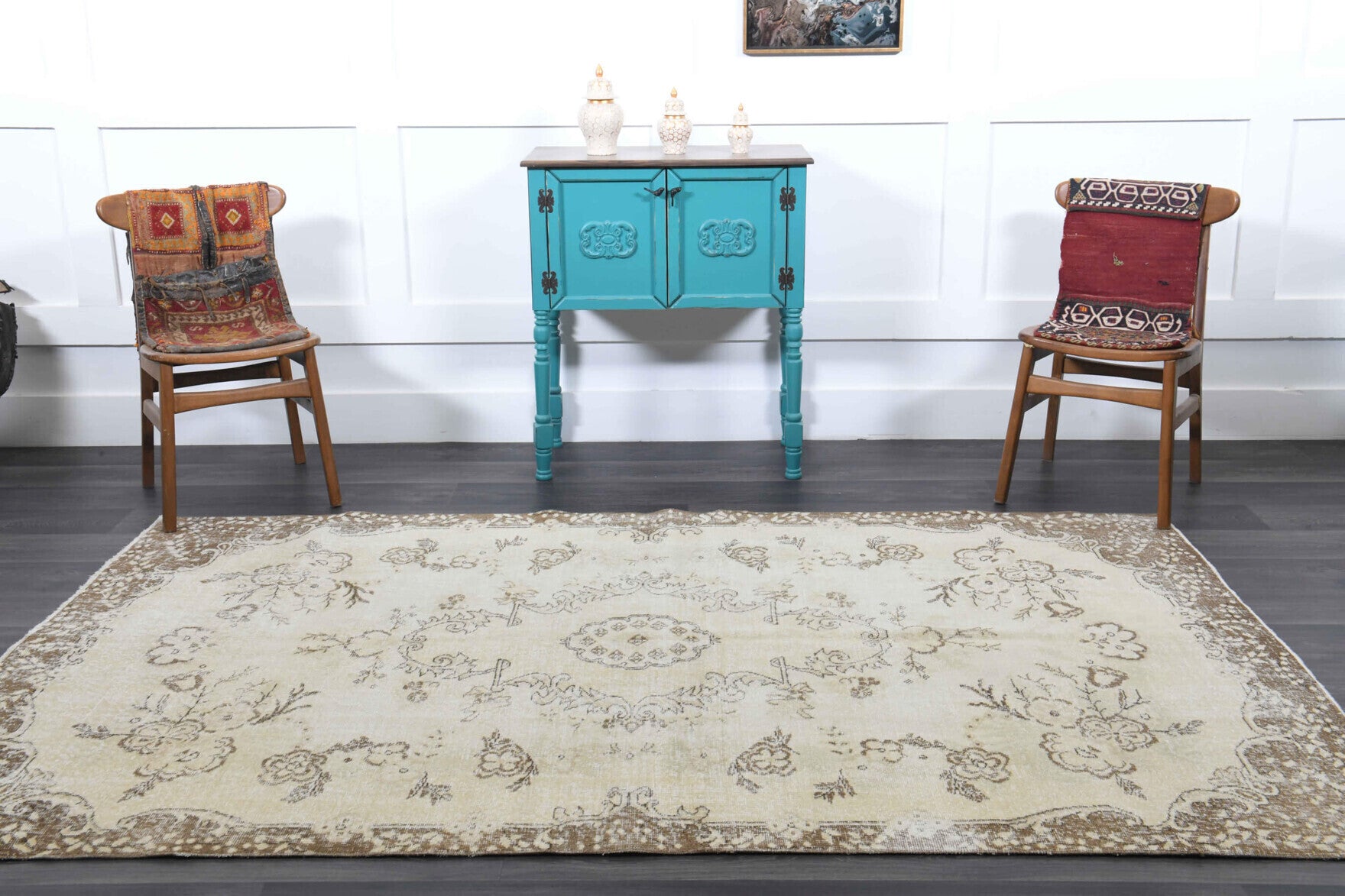 Isodike rug: 1970s handmade Anatolian rug with oriental motifs and cotton backing