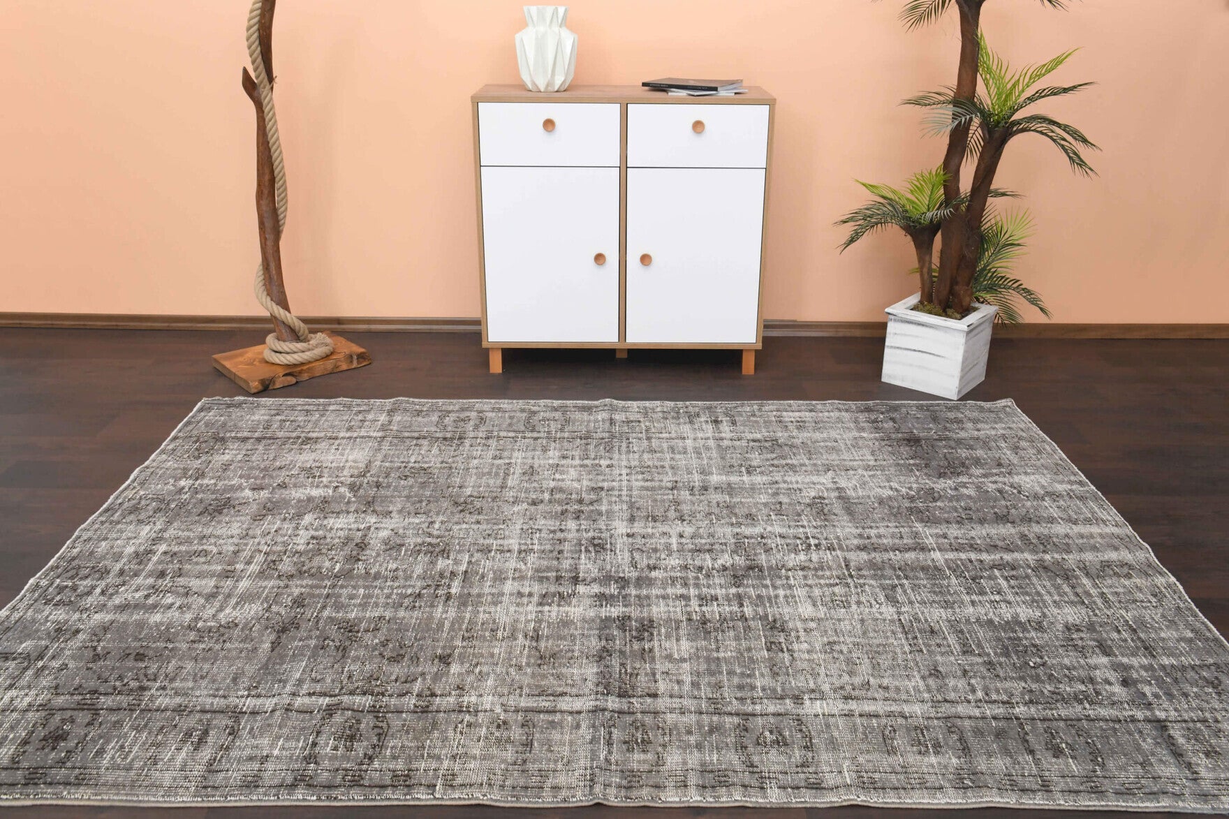 Yesimlale rug: 1960s handmade Anatolian rug with solid motifs and cotton backing