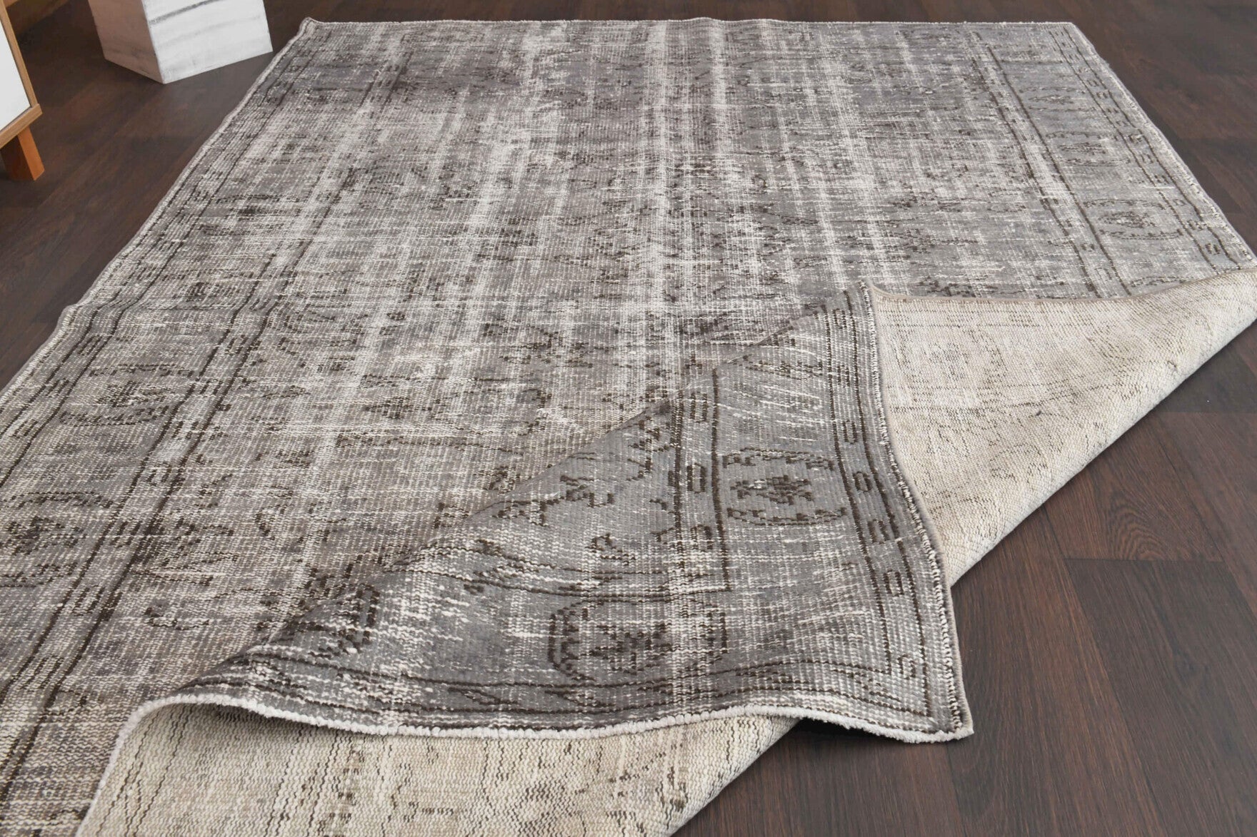 Hand-crafted Anatolian distressed vintage rug Yesimlale in wool, 1960s