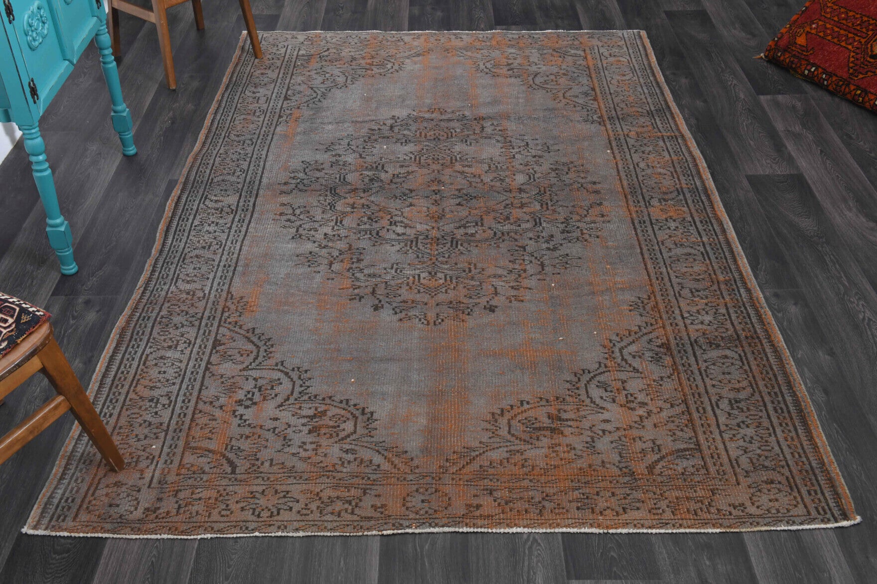Gray-Orange Oriental Vintage Anatolian Rug