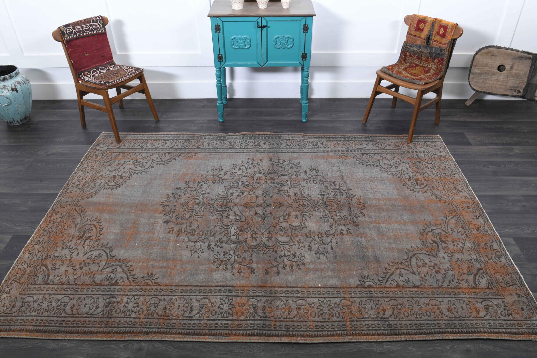 Gray-Orange Oriental Vintage Anatolian Rug