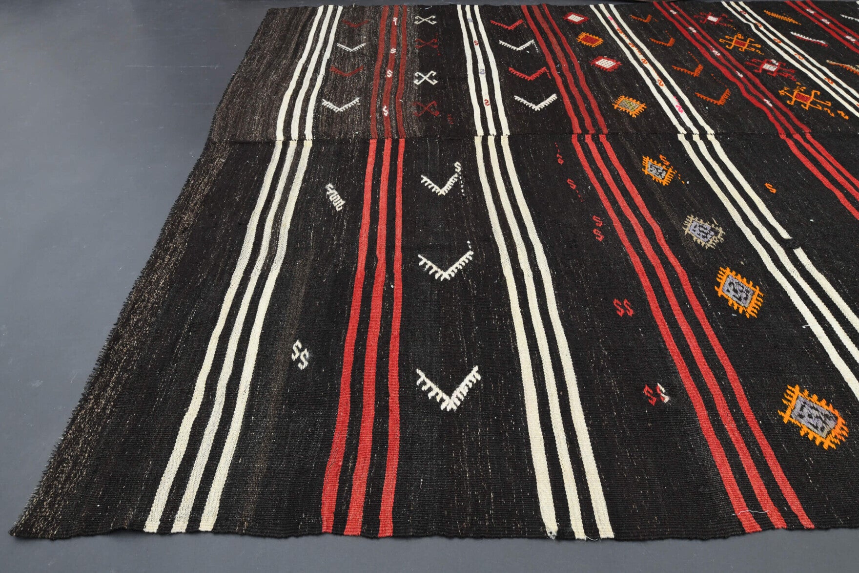 Pelagonassa kilim: 1960s handwoven flatweave Anatolian kilim with ikat motifs