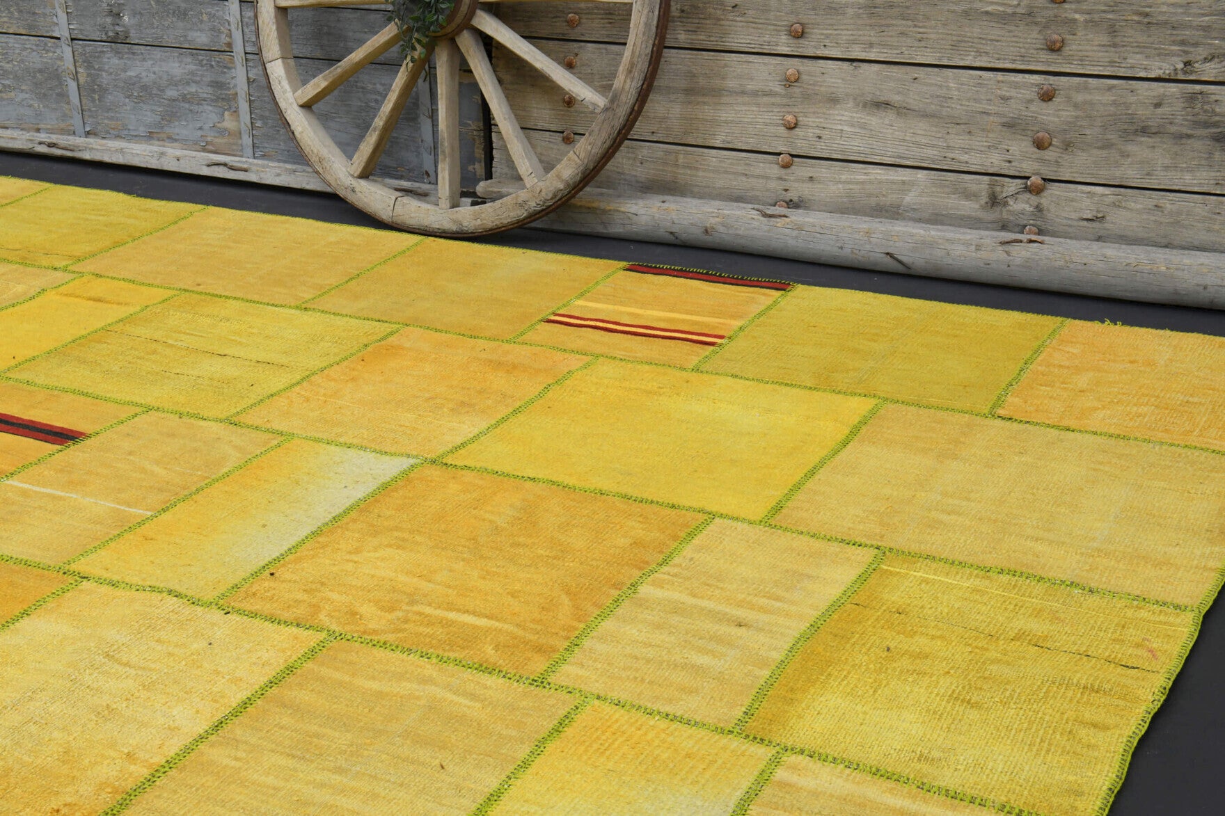 Authentic Anatolian vintage patchwork area rug (1970s) with solid design – one-of-a-kind at Fame Rugs