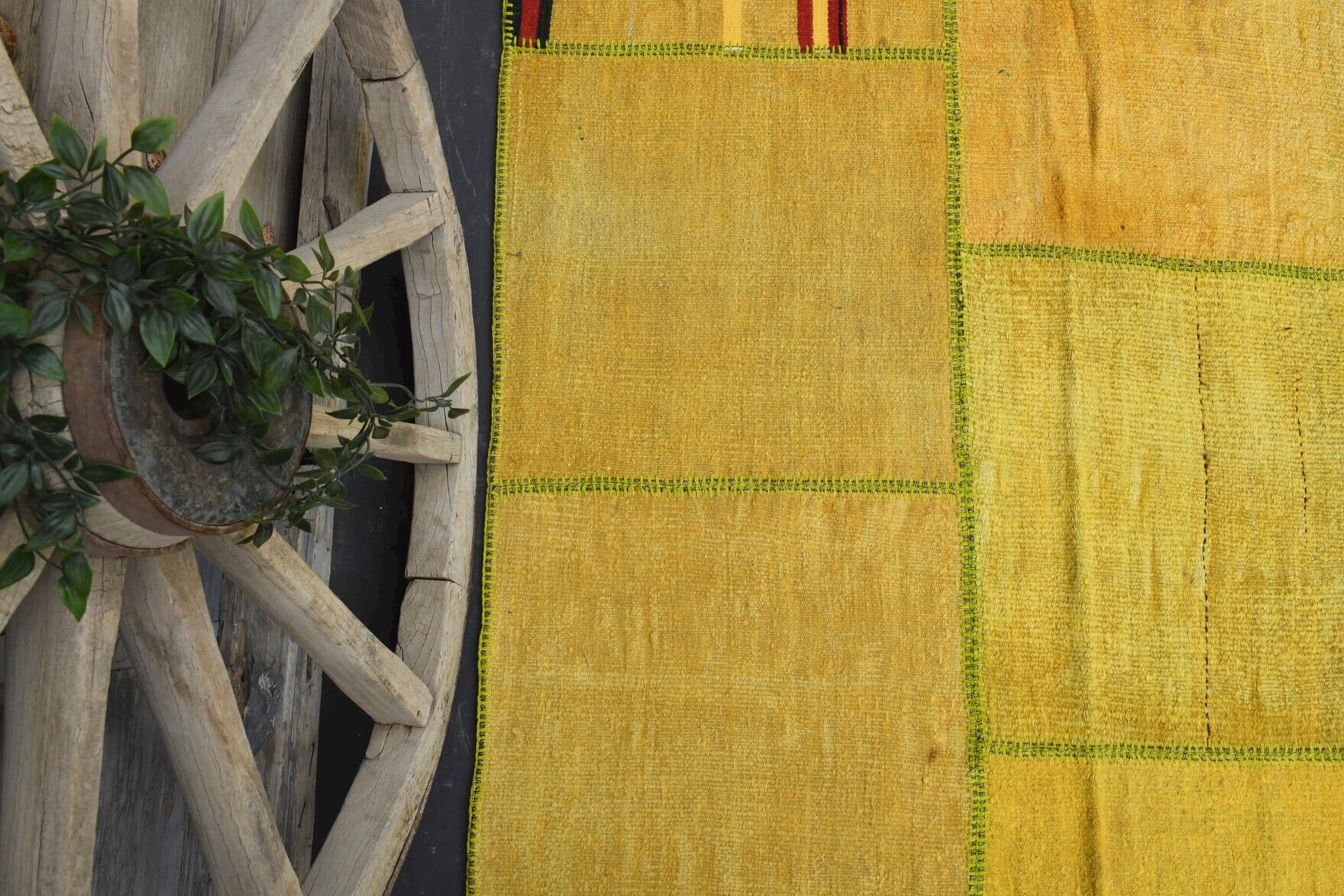 Handmade wool rug from Anatolia, Turkey – Oversized Patchwork Muted Yellow Rug 9'7" x 13'8"