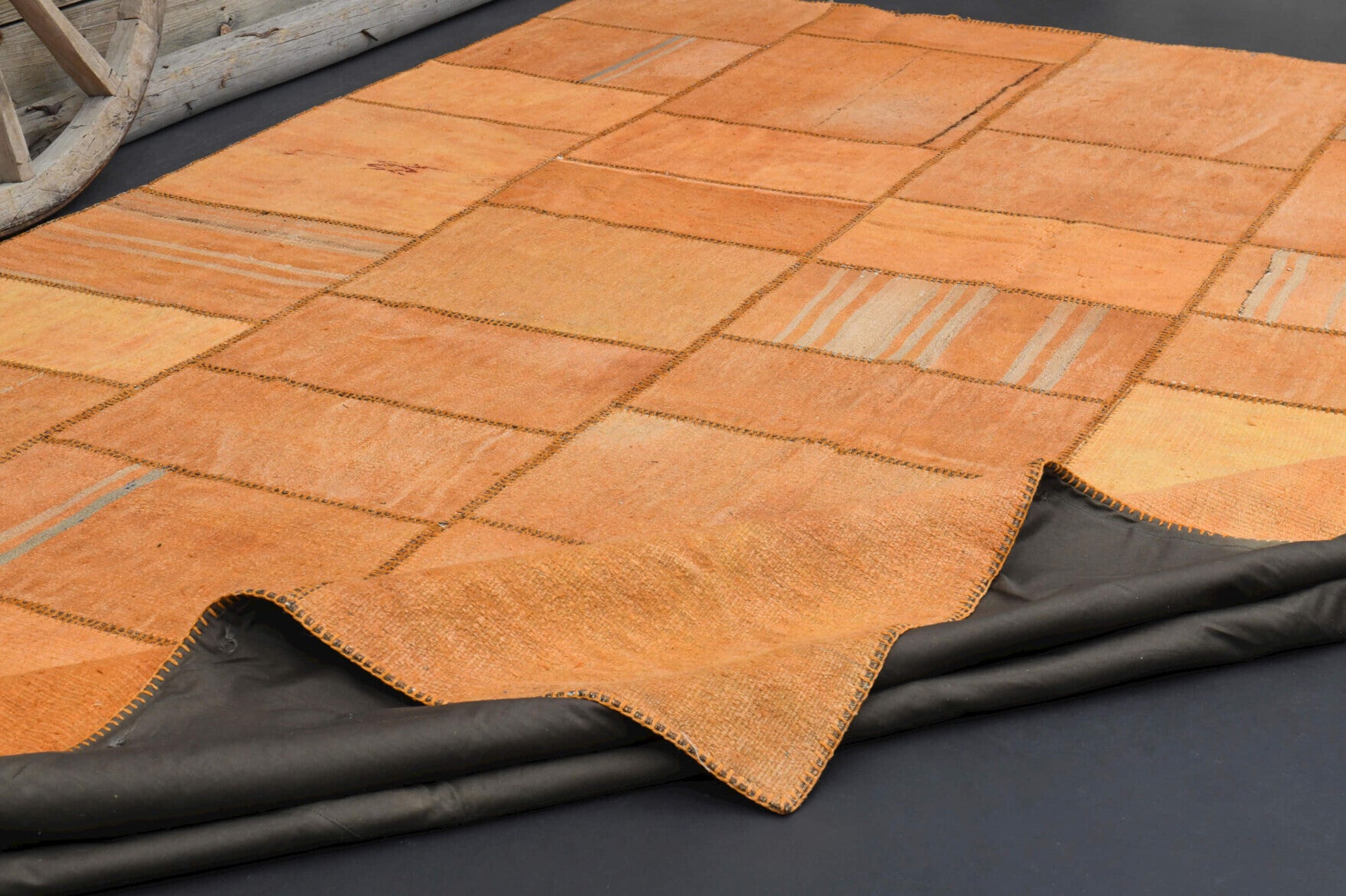 Orange Oversized Patchwork Rug in wool – 1970s piece from Anatolia, Turkey | Fame Rugs