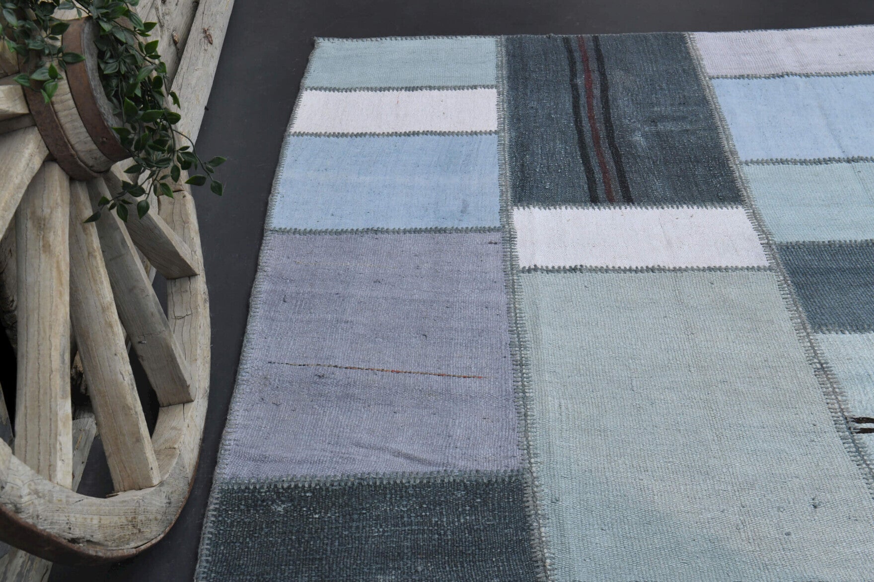 Authentic Anatolian vintage patchwork area rug (1970s) with solid design – one-of-a-kind at Fame Rugs