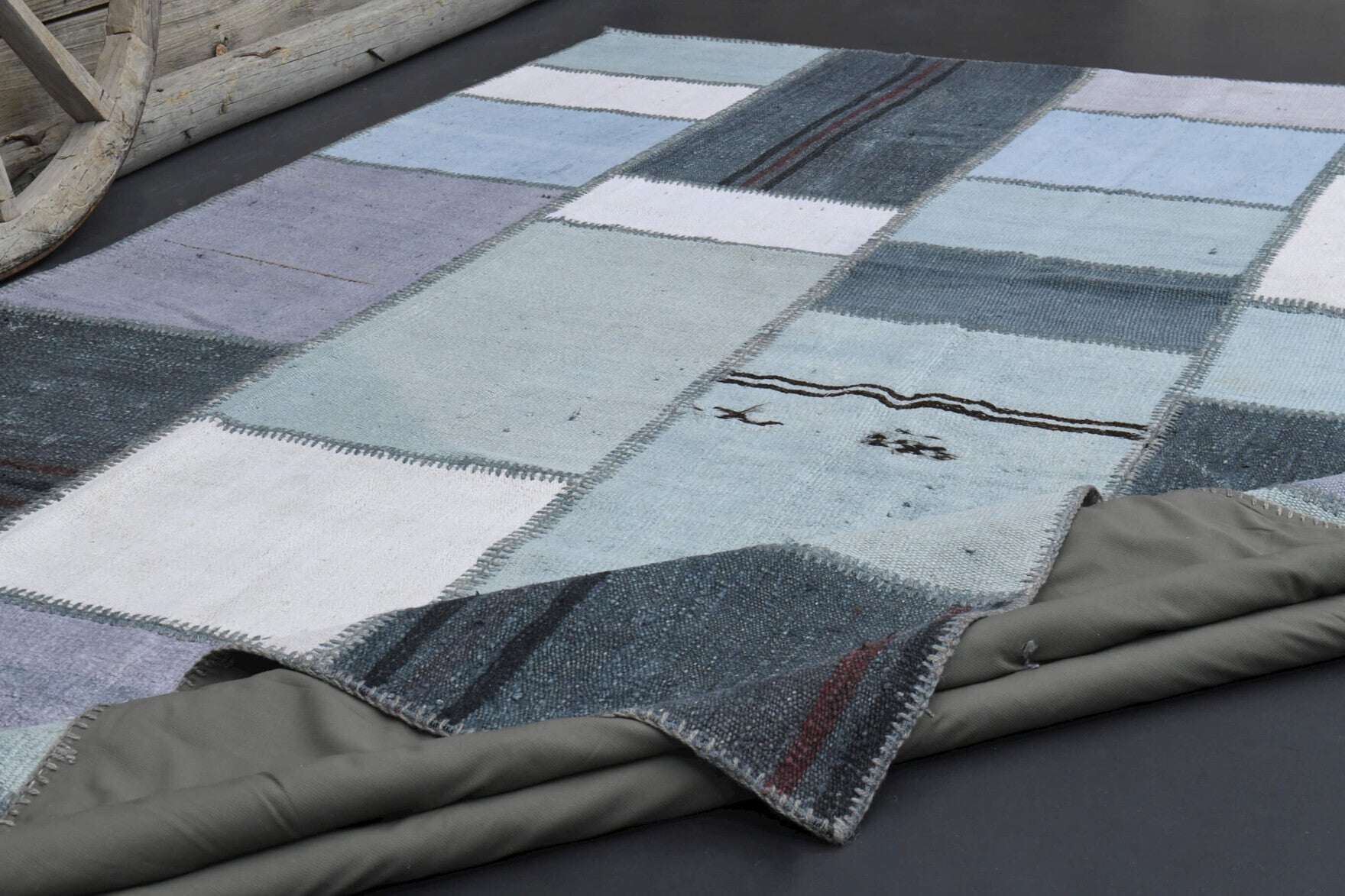 Hand-crafted Anatolian vintage patchwork rug Beharsima in wool, 1970s