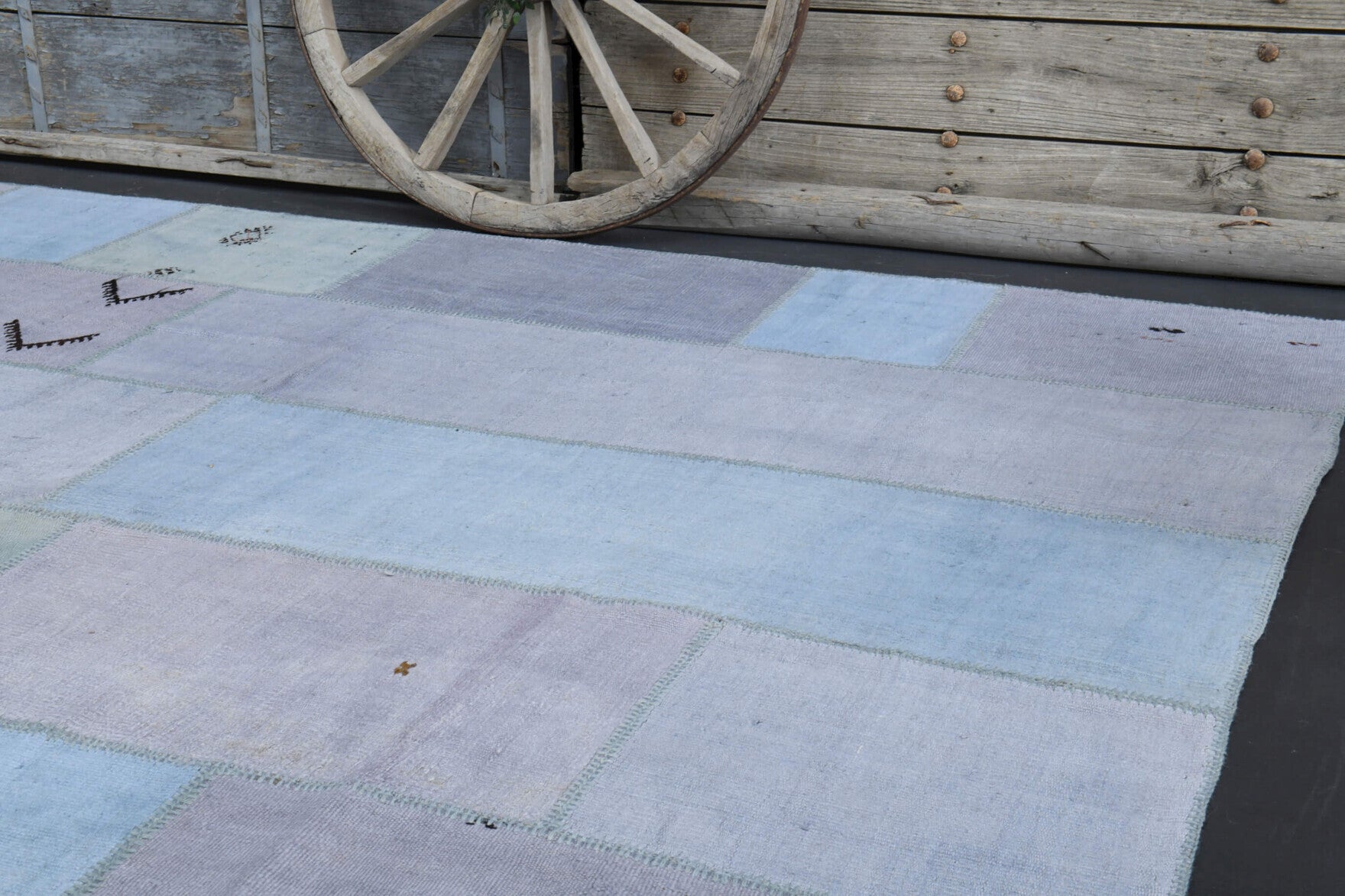 Authentic Anatolian vintage patchwork area rug (1980s) with solid design – one-of-a-kind at Fame Rugs