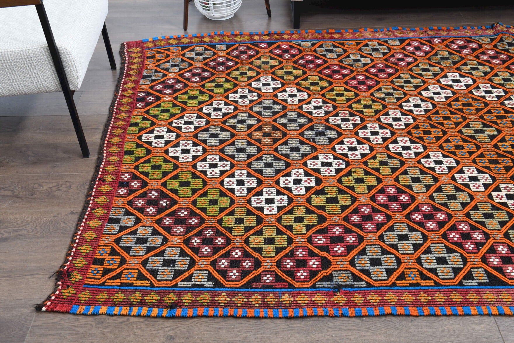 Zeynepbahar kilim: 1960s handwoven flatweave Anatolian kilim with ikat motifs