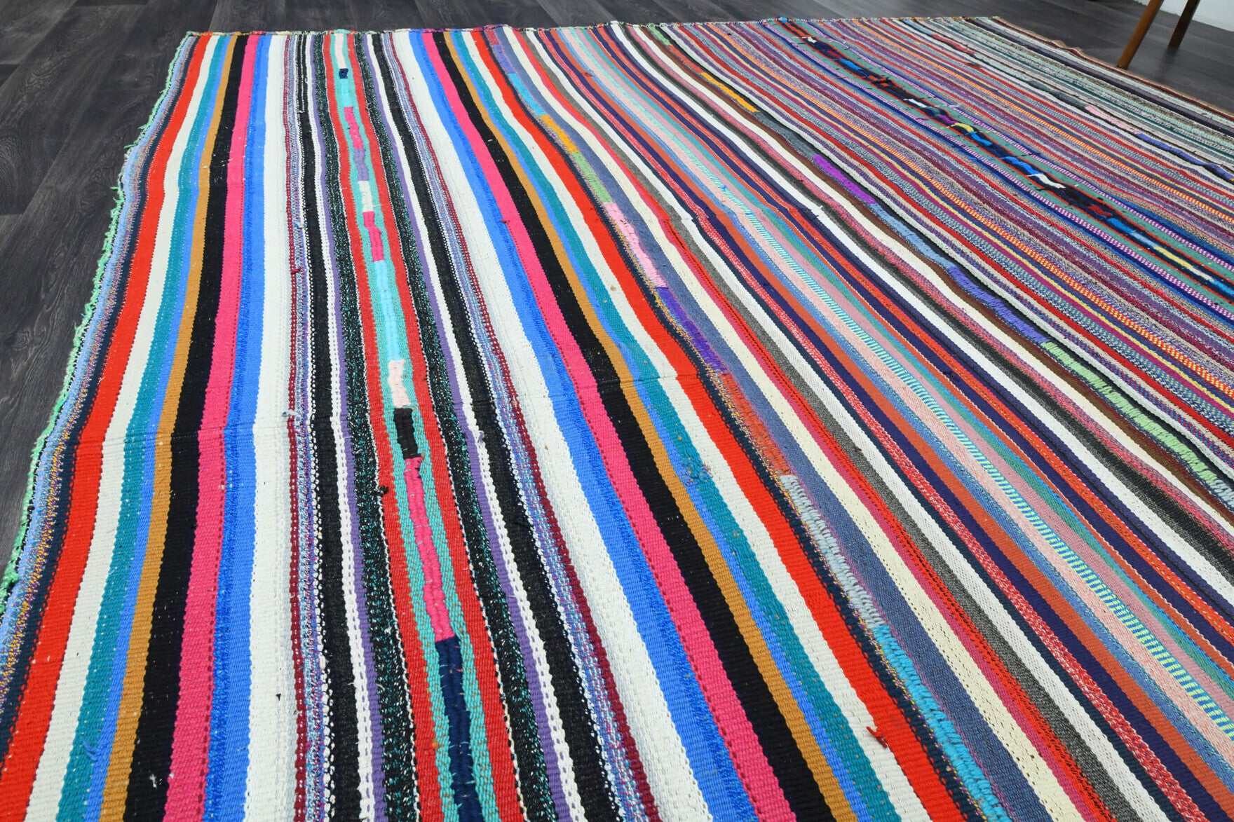 Zuhrenur kilim: 1960s handwoven flatweave Anatolian kilim with striped motifs