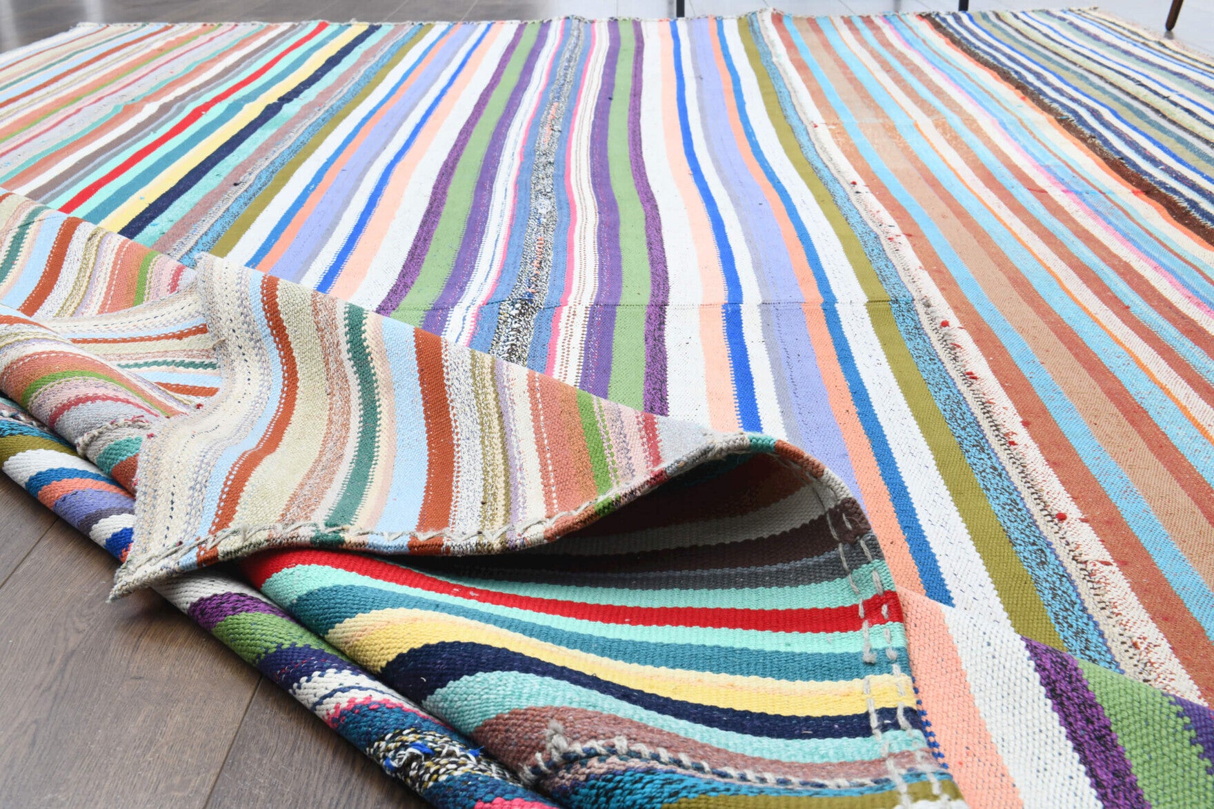 Lysiphaessa kilim: 1960s handwoven flatweave Anatolian kilim with striped motifs