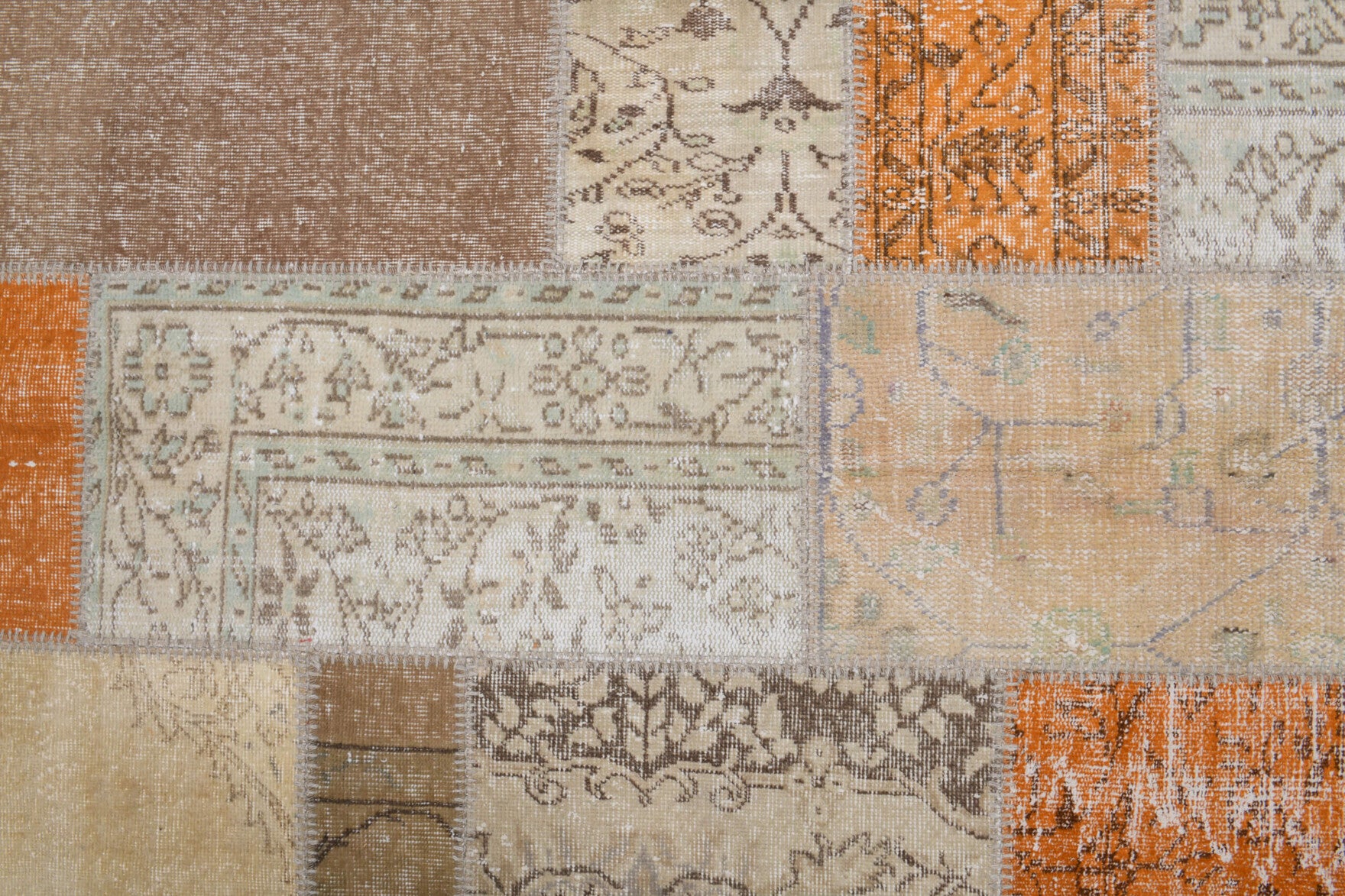 203x297 cm vintage patchwork Anatolian area rug – Charitothalia, low pile, wool