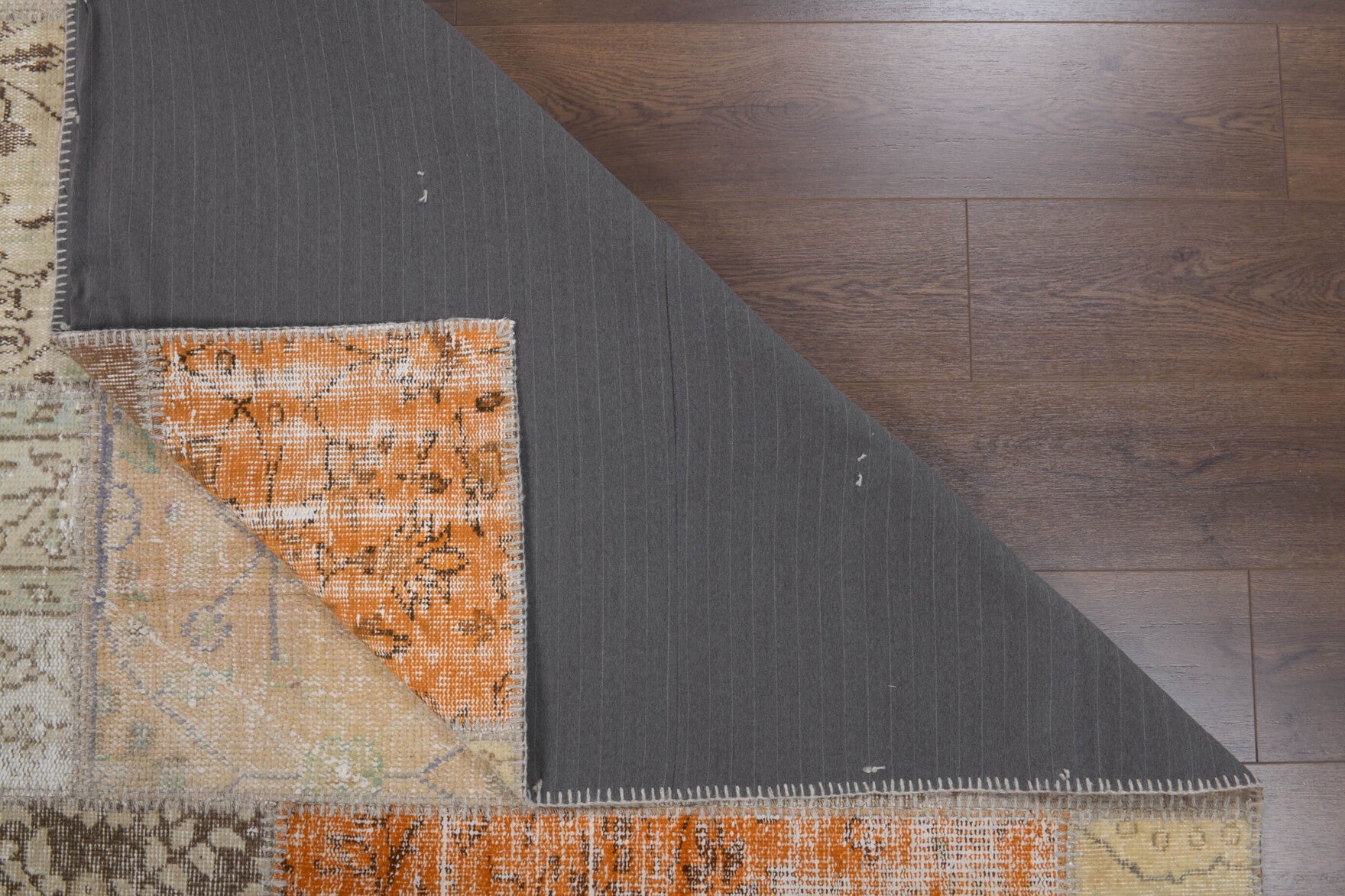 Handmade wool rug from Anatolia, Turkey – Beige & Orange Vintage Patchwork Area Rug 6'8" x 9'9"