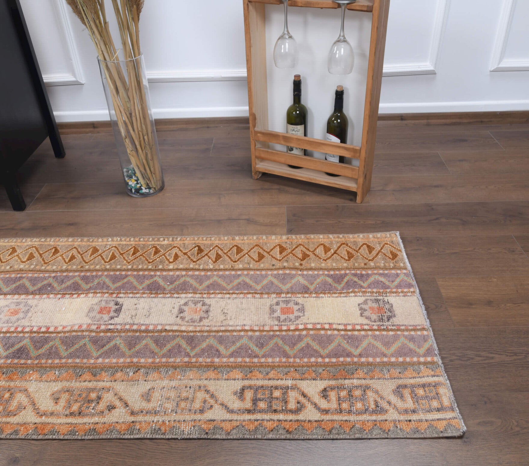 69x338 cm vintage patchwork Anatolian runner rug – Iasogenia, low pile, wool
