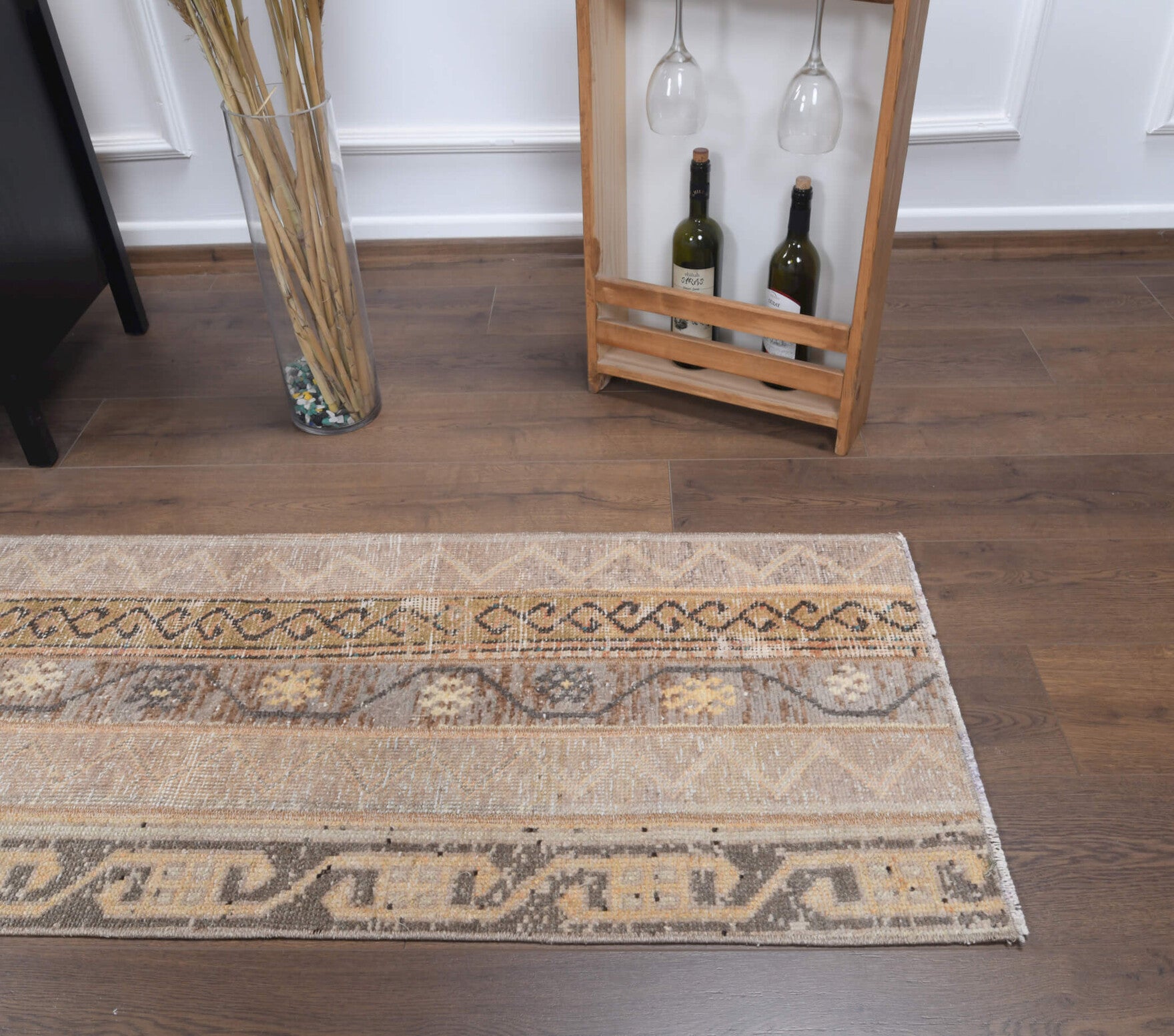 58x232 cm vintage patchwork Anatolian runner rug – Ianthemira, low pile, wool
