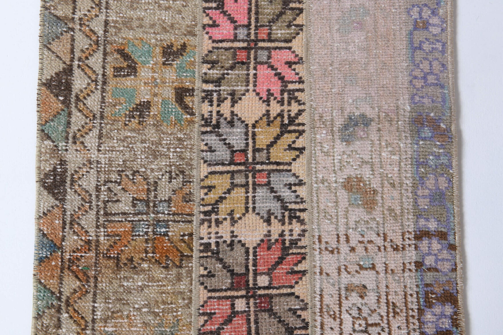 Sabahisik runner: 1970s handmade Anatolian runner with oriental motifs and fabric backing