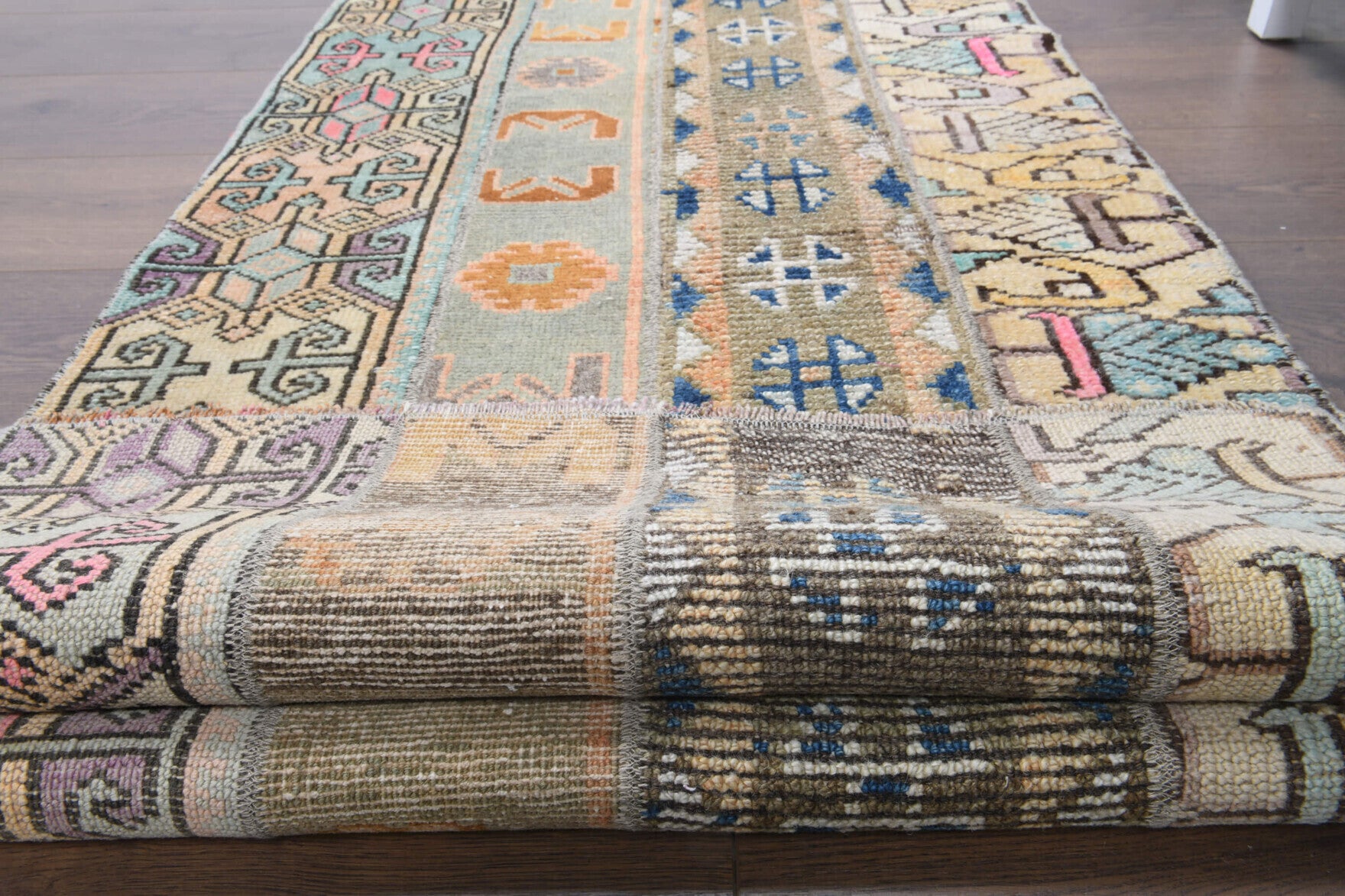 74x198 cm vintage patchwork Anatolian runner rug – Mercanbike, low pile, wool